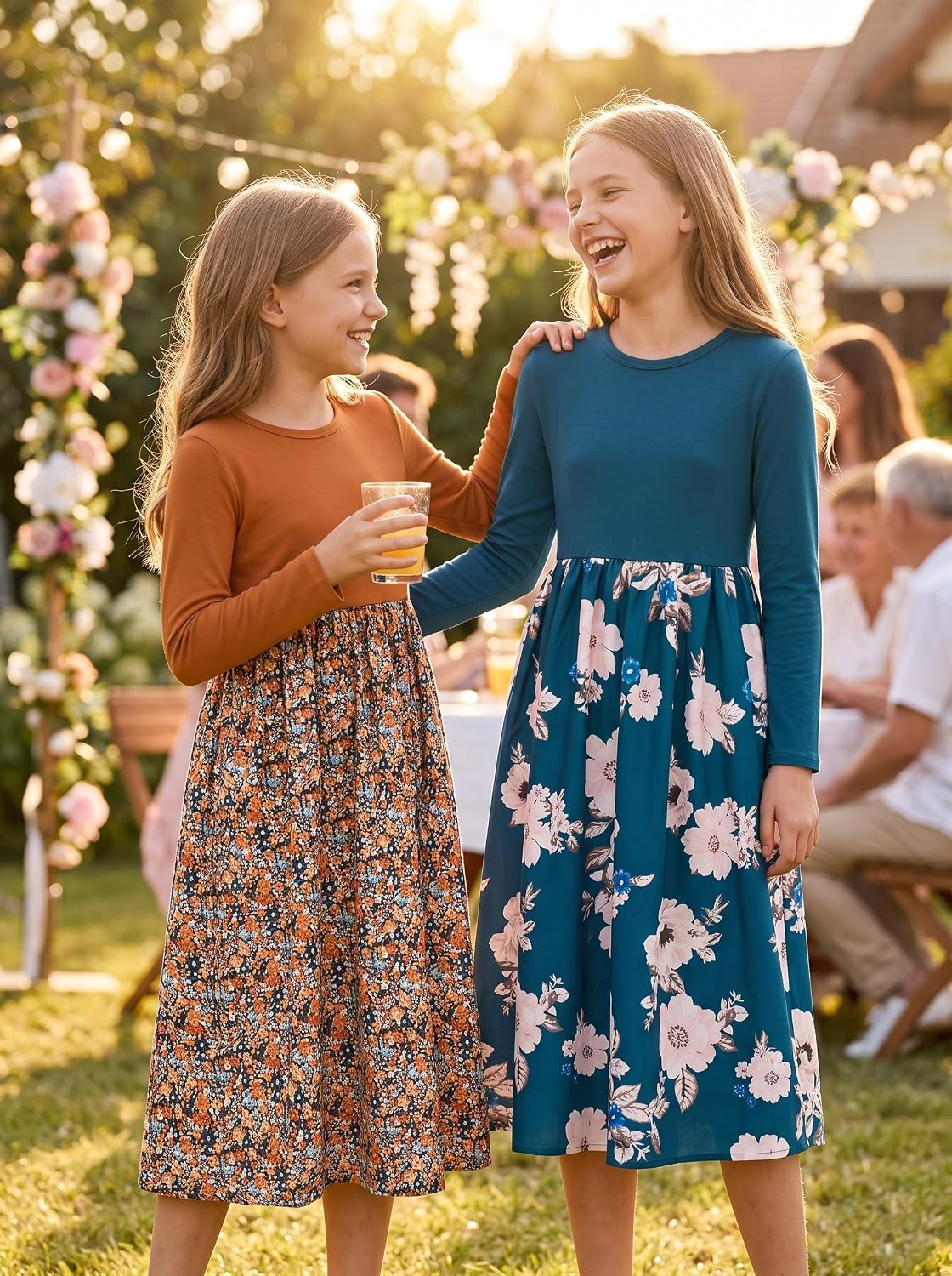 Girls Floral Fall Midi Dresses for Tweens Pockets Party 7-14 Years