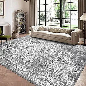 vivorug 8x10 Area Rugs, Stain Resistant Washable Rug for Living Room, Vintage-Inspired Grey Rug