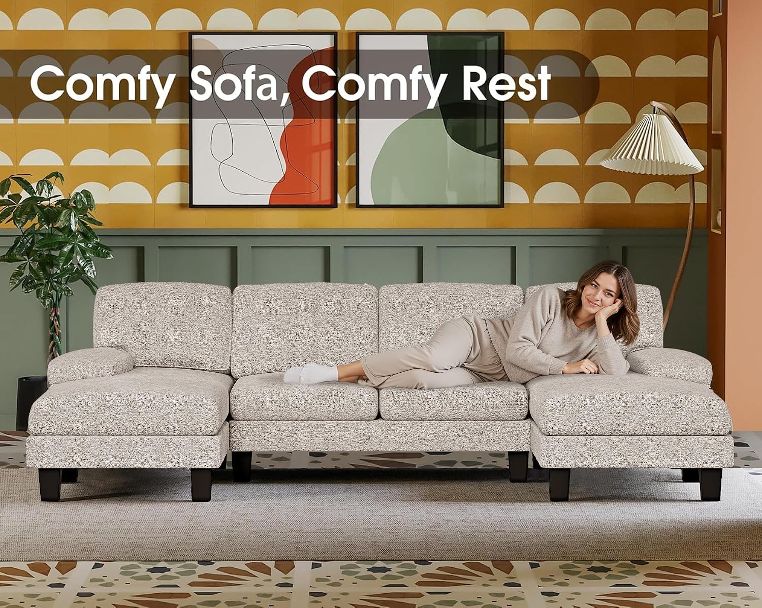 Furmax U-Shaped Sectional Sofa Linen Fabric 4 Seats Double Chaise Pearl Gray