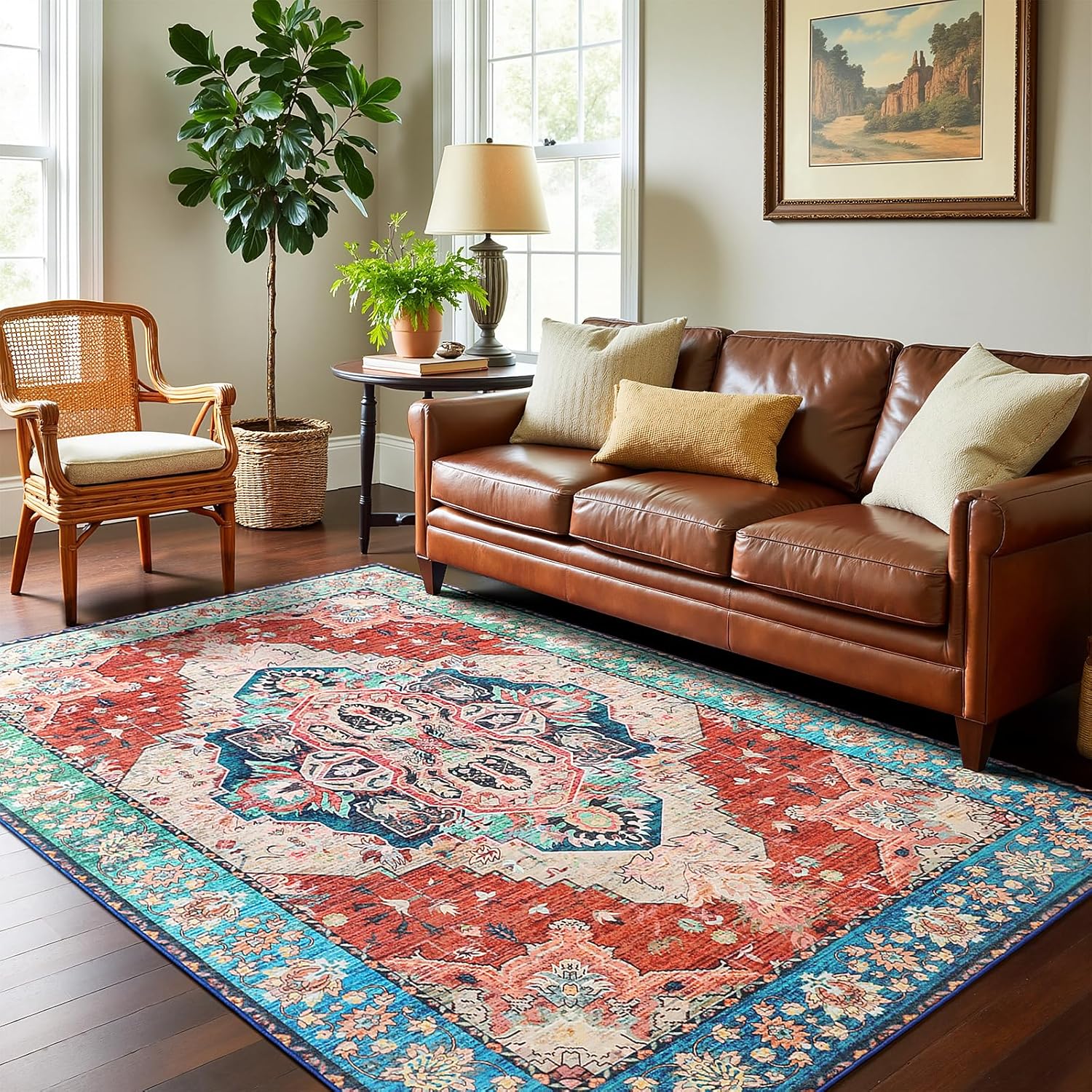 Terrug 4x6 Area Rug for Bedroom, Vintage Washable Rugs with Non-Slip Backing for Living Room, Low Pile Stain-Resistant Boho Carpet for Dinning Room Drom Farmhouse Home Decor (Rust) Rust 4' x 6' (Rectangular)