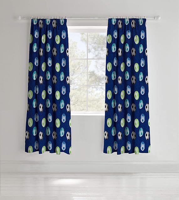 Catherine Lansfield Kids Living Football 66x72 Inch Pencil Pleat Curtains Two Panels Blue