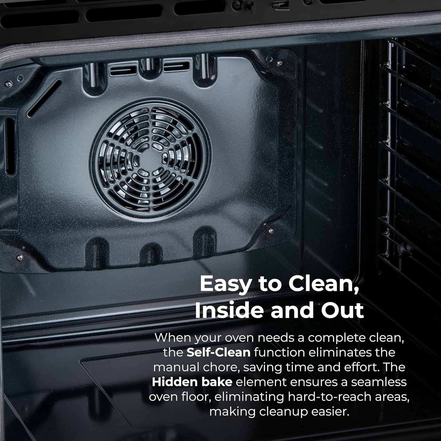 Oven interior with two chrome racks, showing a baking sheet with cookies on the top rack and an air fry basket on the bottom rack.