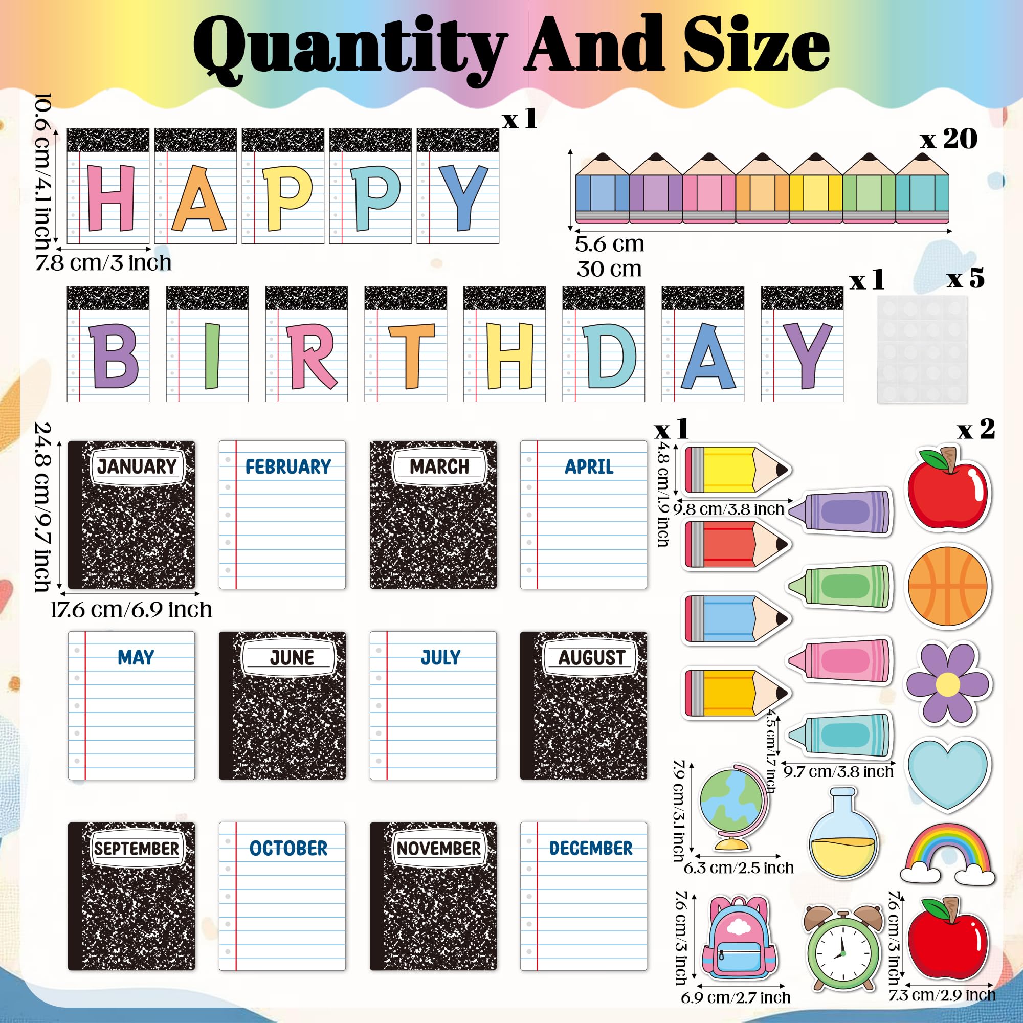 TICIAGA Carnet de composition pour tableau d'affichage d'anniversaire – 76 pièces avec découpes pour fournitures pour enseignants de salle de classe, crayon coloré pour la rentrée scolaire, étiquette