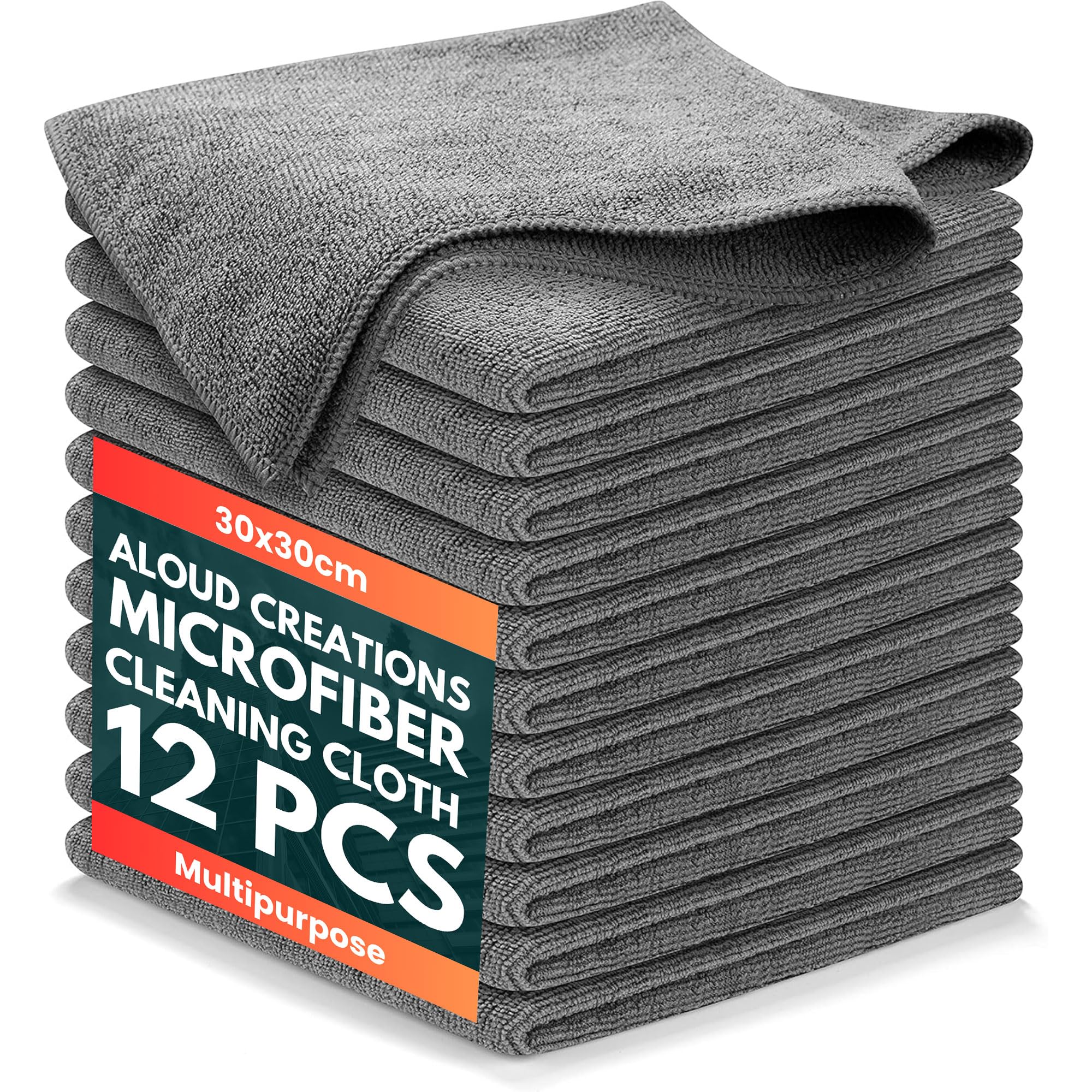 ALOUD CREATIONS 12Pc Microfiber Cleaning Cloths | Highly Absorbent Cleaning Supplies | Lint Free Cloths for Multiple Use | Powerful Dust Removal Cleaning Rags for House, Kitchen, Car Care | 30x30cm
