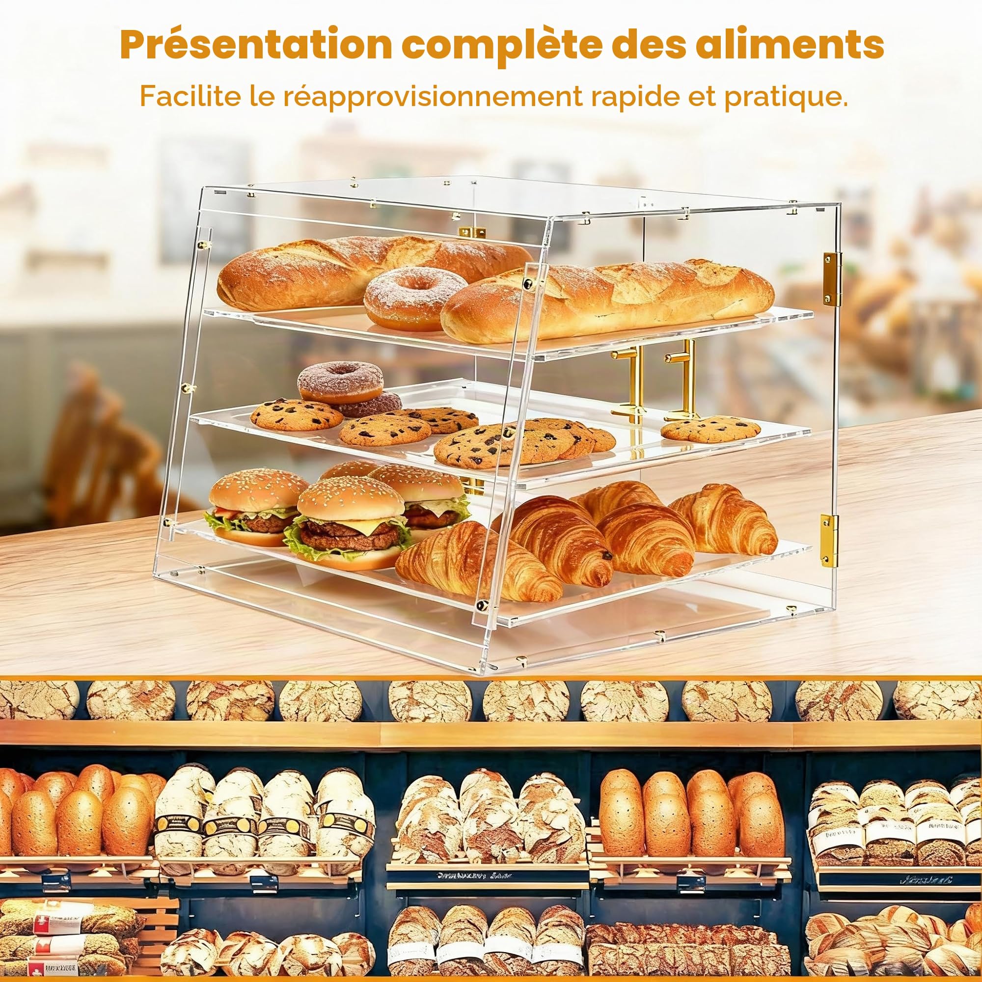 Vitrine commerciale de boulangerie avec portes magnétiques arrière, 53 x 43,5 x 42,6 cm, présentoir à pâtisserie, vitrine pour gâteaux, beignets