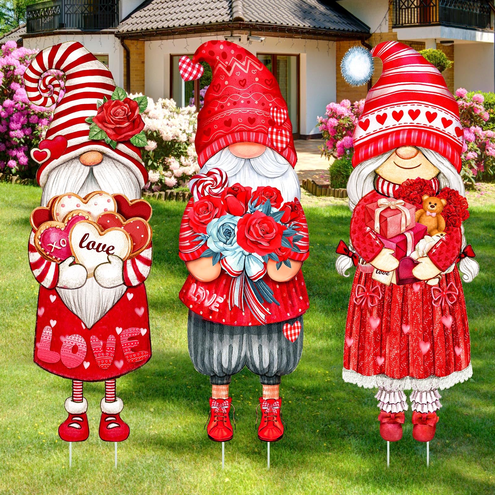 Umigy 3 Pcs Valentine's Day Yard Sign Gnome Outdoor Decorations with Stakes Valentine Red Heart Rose Gnome Lawn Sign Sweet Yard Decor Lawn Decor for Home Wedding Anniversary Pathway Walkway