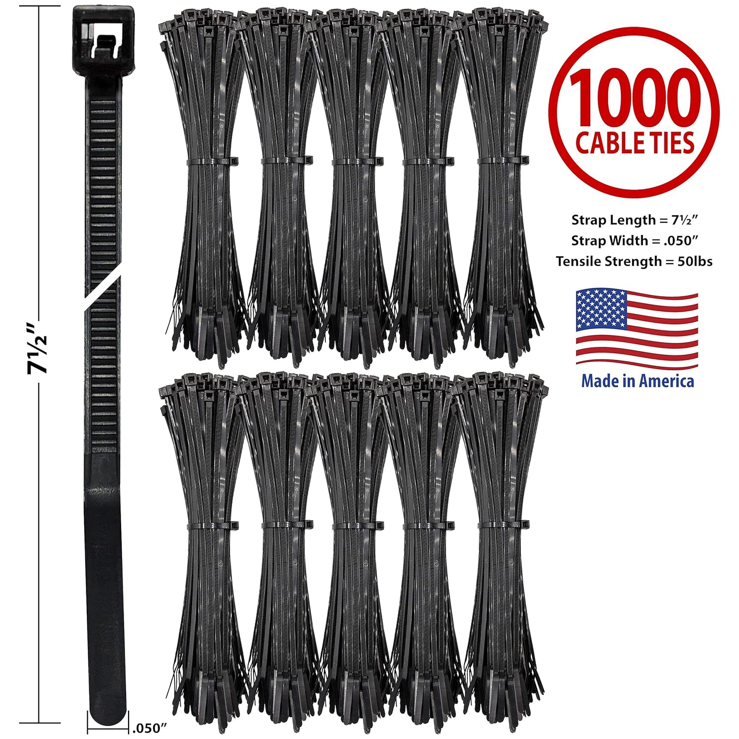 Bar Lok 7.5” Zip Ties – 1000 Pieces, Black – Made in America – Weather, UV & Impact Resistant Plastic Cable Ties for Binding Bundling & Organizing Wire Cable & More – Indoor & Outdoor (7.5", 1000ct)