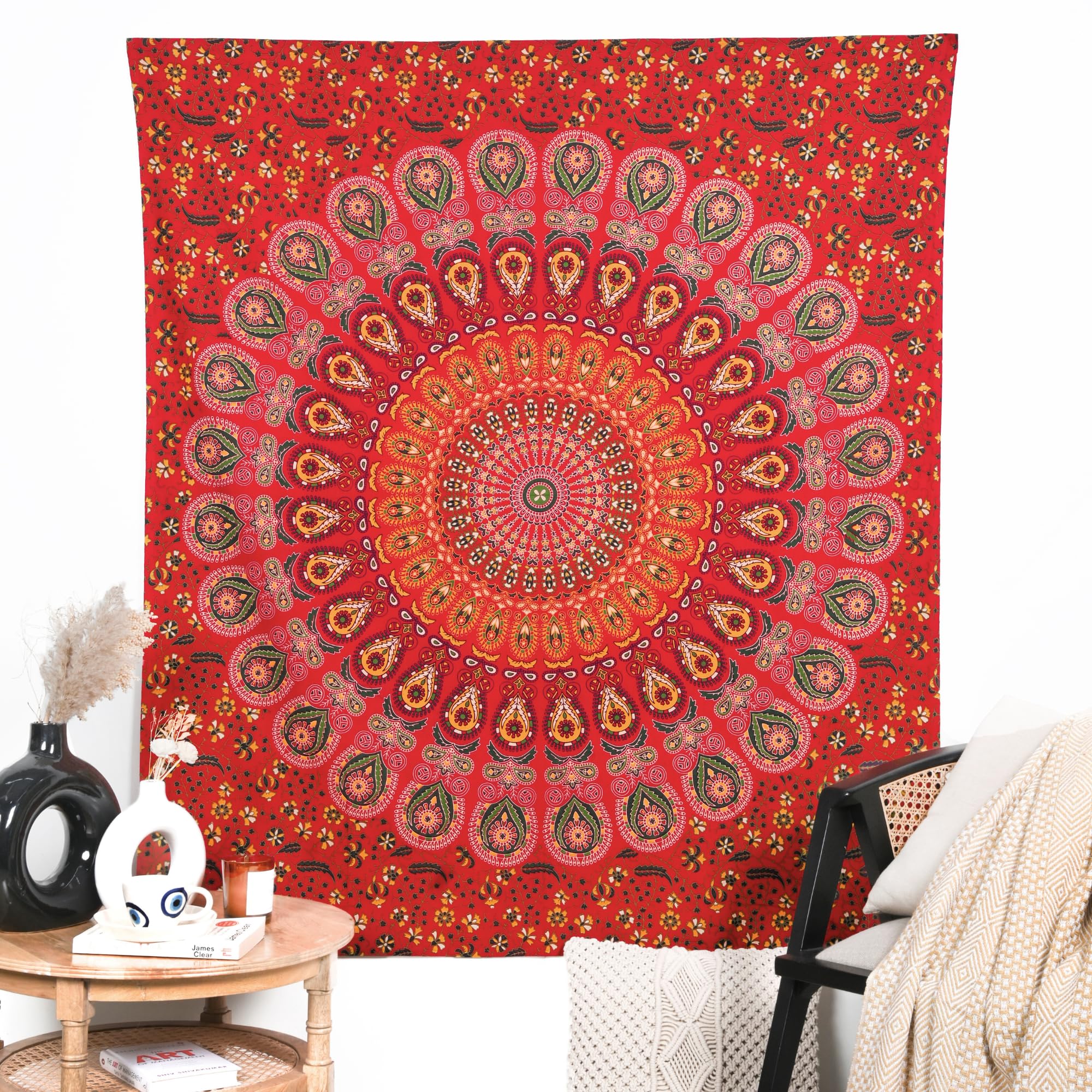 Rajrang Golden Red Peacock Mandala Tapestry Cotton Wall Hanging For Bedroom, Living Room 76X102 Cm