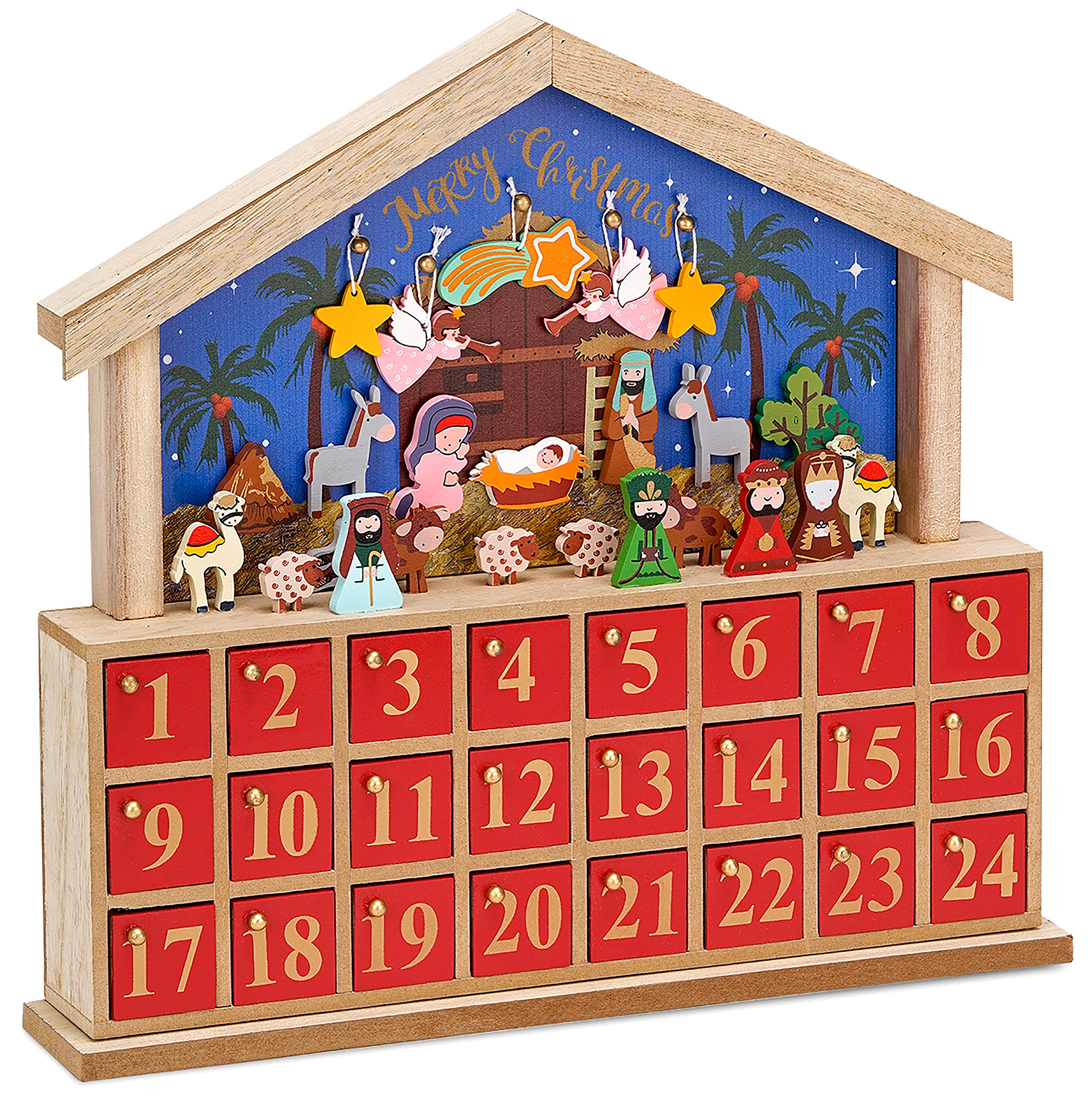 BRUBAKER Adventskalender aus Holz zum Befüllen - Bethlehem mit 24 Türchen | Wiederverwendbarer DIY Weihnachtskalender 34.5 x 32 x 6 cm
