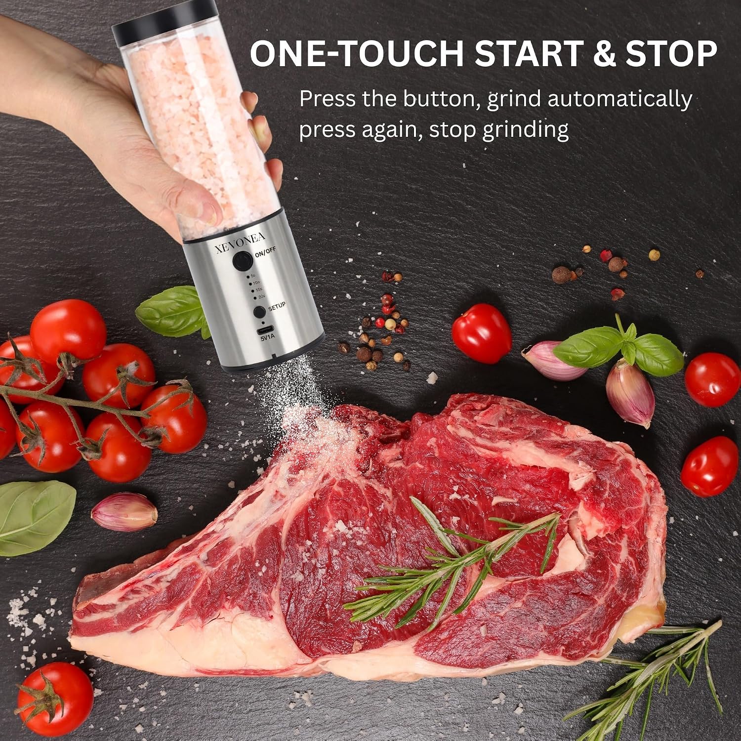 Electric Salt and Pepper Grinder Set, Automatic Stainless Steel with Upgraded Capacity of 240ml, USB Rechargeable, Adjustable Coarseness, Ceramic Core, Type-C Charging, One-Handed Operation