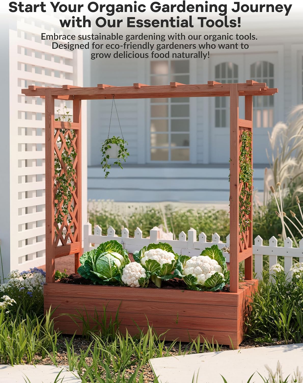 GarveeHome Elevated Wooden Garden Bed with Trellis - 45 in Planter Box with Side Supports, Canopy, and Drainage Holes – Perfect for Climbing Plants, Vines, and Blossoms
