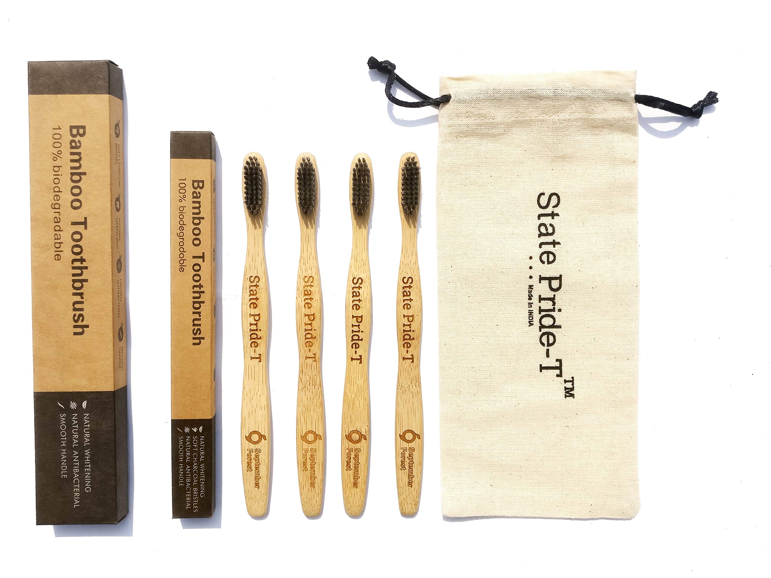 State Pride-T Biodegradable Eco-Friendly Bamboo Charcoal Toothbrush - Pack of 4 with Cotton Pouch