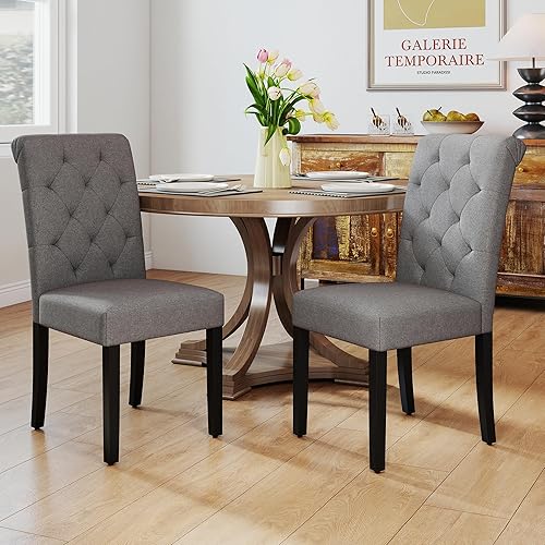 Miniatura 14 de Juego de 2 sillas de comedor tapizadas, sillas de cocina Parsons copetudas con patas de madera maciza, silla auxiliar de tela moderna para