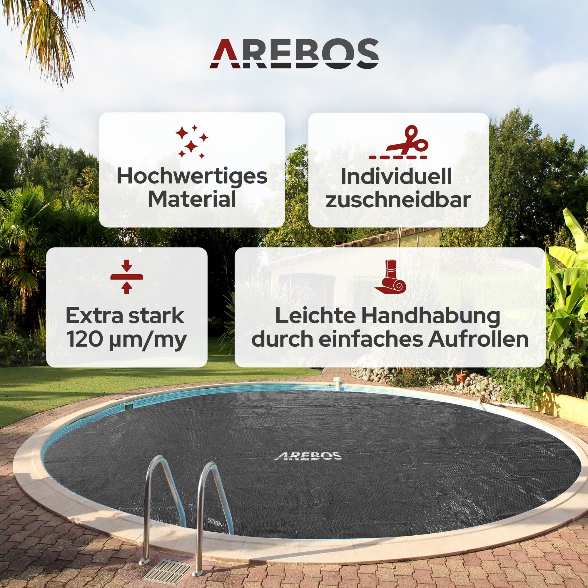 Arebos Pool Solarabdeckplane rund Ø 4,57m Schwarz | Solarplane Stärke 120 µm | Solarfolie zuschneidbar | Poolheizung Wassererwärmung Wärmeplane