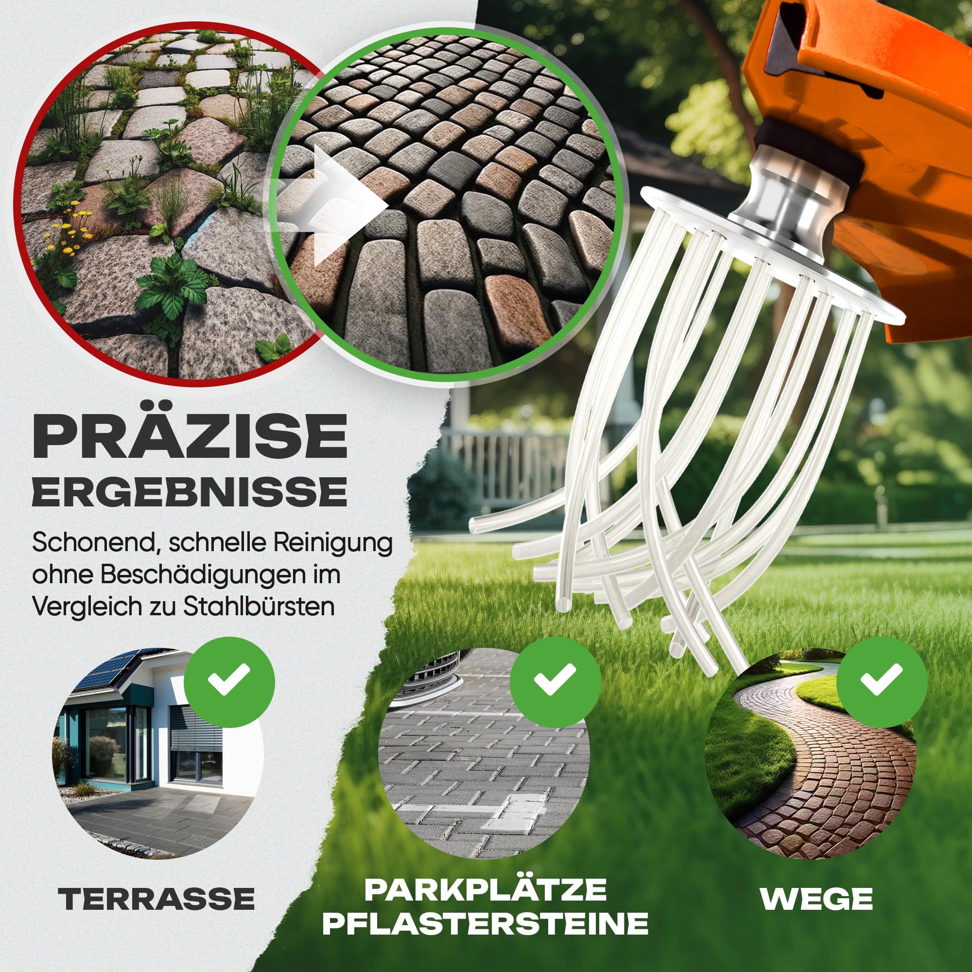 2in1 Unkrautbürste Freischneider [Mähen & Pflaster reinigen | inkl. 30m Faden] Wildkrautbürste für Motorsense Zubehör | Fugenbürste Unkraut | Trimmerkopf (Ab 1,4PS)