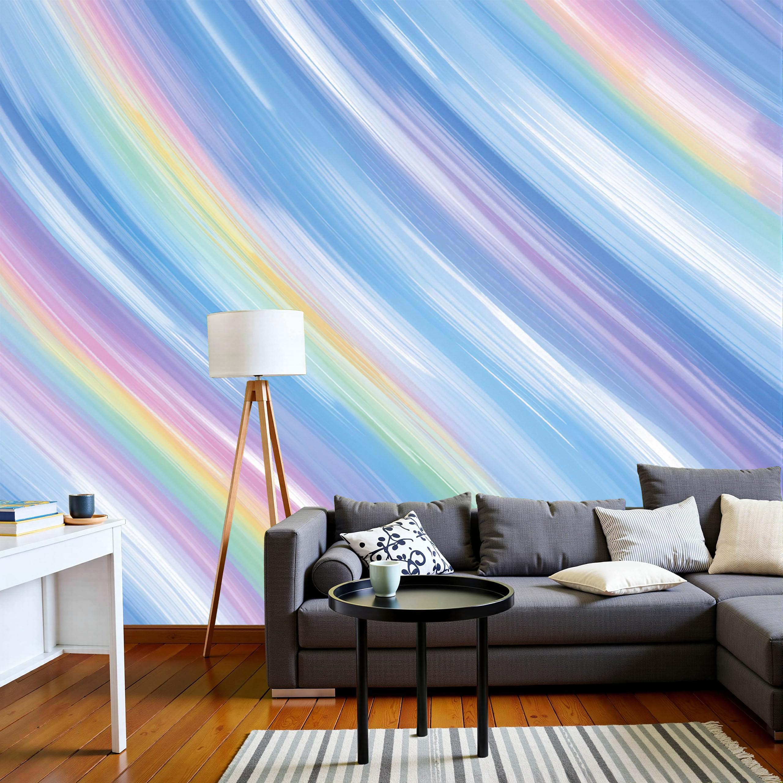 Murale géométrie onirique bleu ciel 400x280cm : l'excellence de la tapisserie panoramique