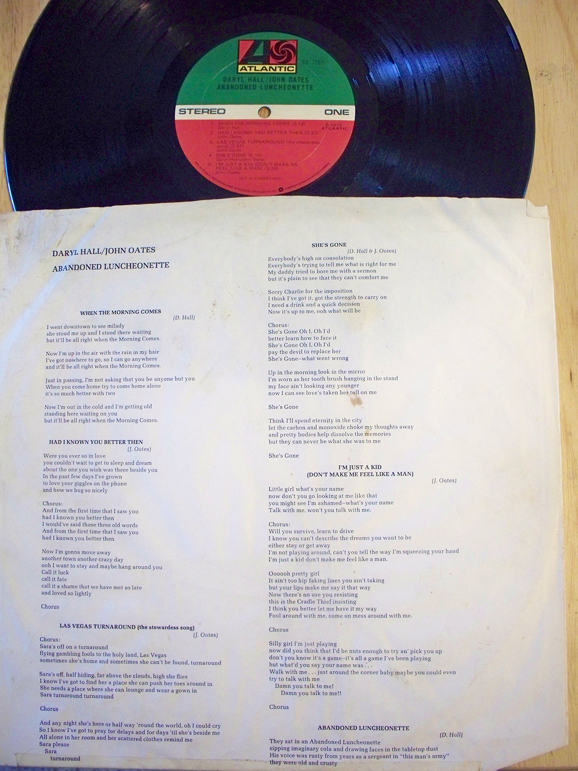 Daryl Hall & John Oates Abandoned Luncheonette Original Atlantic Records Stereo release SD 7269 1970's Philly Soul/Rock Vinyl (1973)