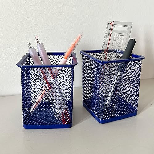Miniatura 5 de Portalápices, portavasos, organizador de bolígrafos de malla metálica para escritorio, oficina en casa y escuela (1 unidad, azul)