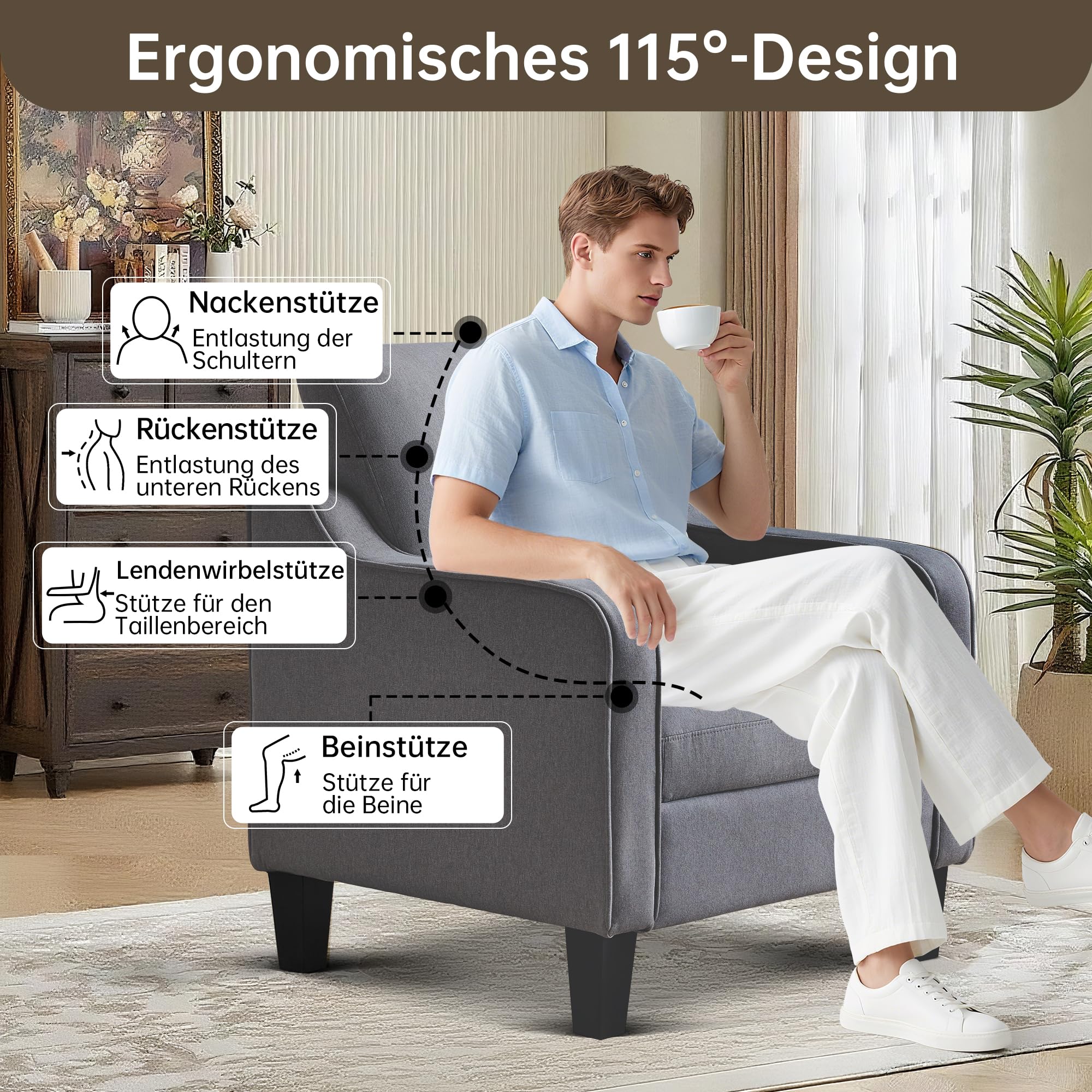 Sessel Wohnzimmer, Polstersessel Leinenoptik, Dunkelgrau