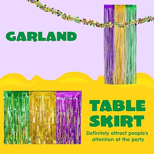 Miniatura 4 de JOYIN 5 piezas de decoración de fiesta de Mardi Gras con 1 cortina de flecos, 3 faldas de mesa y 1 paquete de guirnalda, suministros de fiesta de