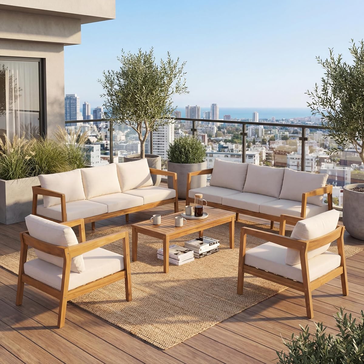 Christopher Knight Home Juego de muebles de jardín de madera de acacia para exteriores, 5 piezas, sillones, mesa de centro, sofá de 3 plazas, asientos profundos, juego de conversación, acabado en teca, cojín beige