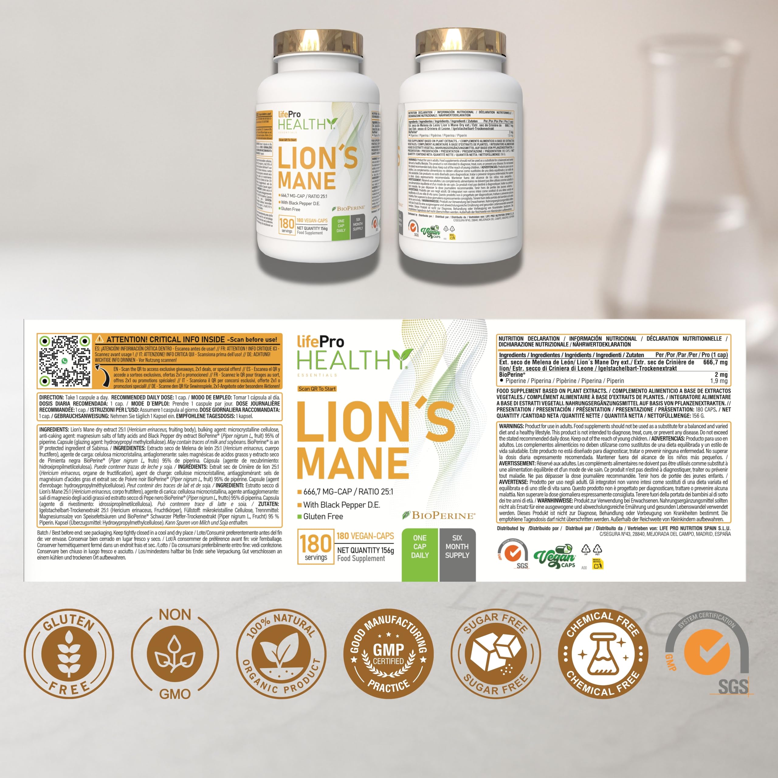 Lions Mane Bio – Gélules Criniere de Lion Haute Puissance 16,000mg – Extrait 25:1 Ultra-Concentré avec BioPerine® – Riche en Polysaccharides & Bêta-Glucanes – 6 Mois – Naturel, Mémoire & Immunité