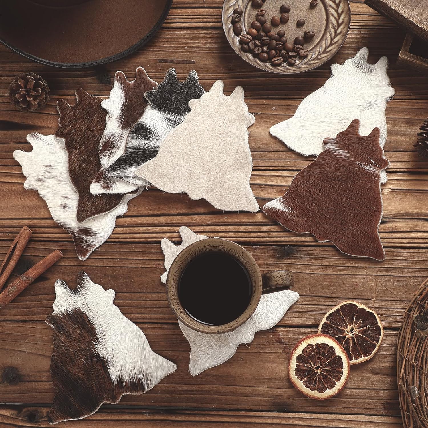 Hushee 12 Pcs Cowhide Coasters Round Natural Leather Cowhide Drink Coasters for Tea Cup Living Room Office Desk Decoration (Cow Shape)