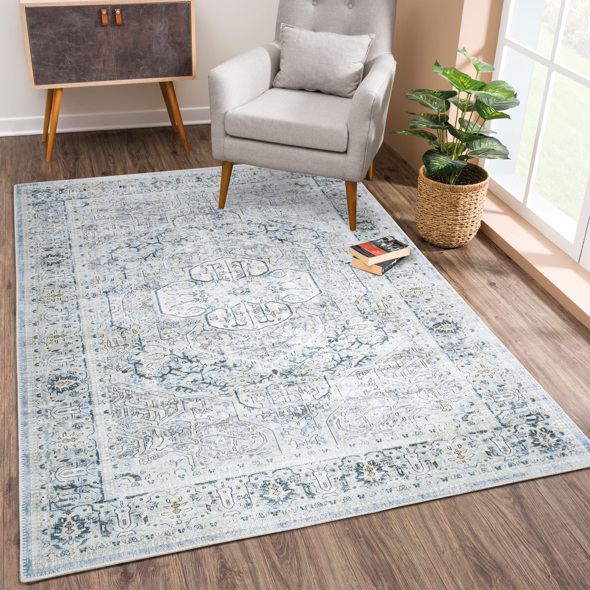 Bloom Rugs Washable Non-Slip 5 Foot x 7 Foot Rug - Cream/Light Blue/Teal Traditional Medallion Area Rug for Living Room, Bedroom, Dining Room, and Kitchen - Exact Size: 5 Foot x 7 Foot 