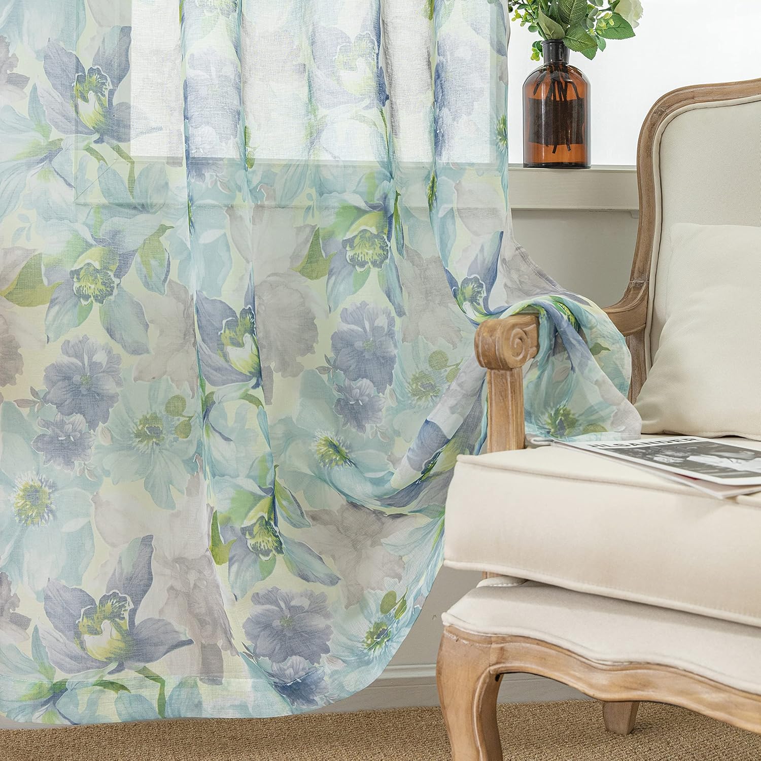 Floral Sheer Curtains 84 Inches Long Blue Flower Printed French Country Semi Sheer Curtain for Nursery Bedroom Living Room Linen Look Blossom Patterned Rod Pocket Voile Drapes 2 Panels