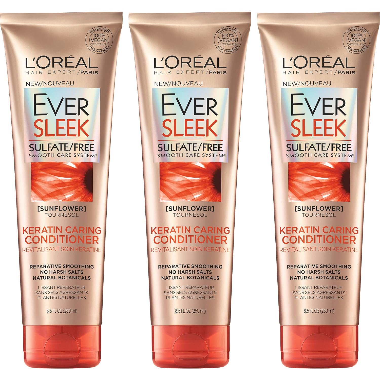 L'Oreal Paris Hair Care Eversleek Sulfate Free Keratin Caring Conditioner, 3 Count