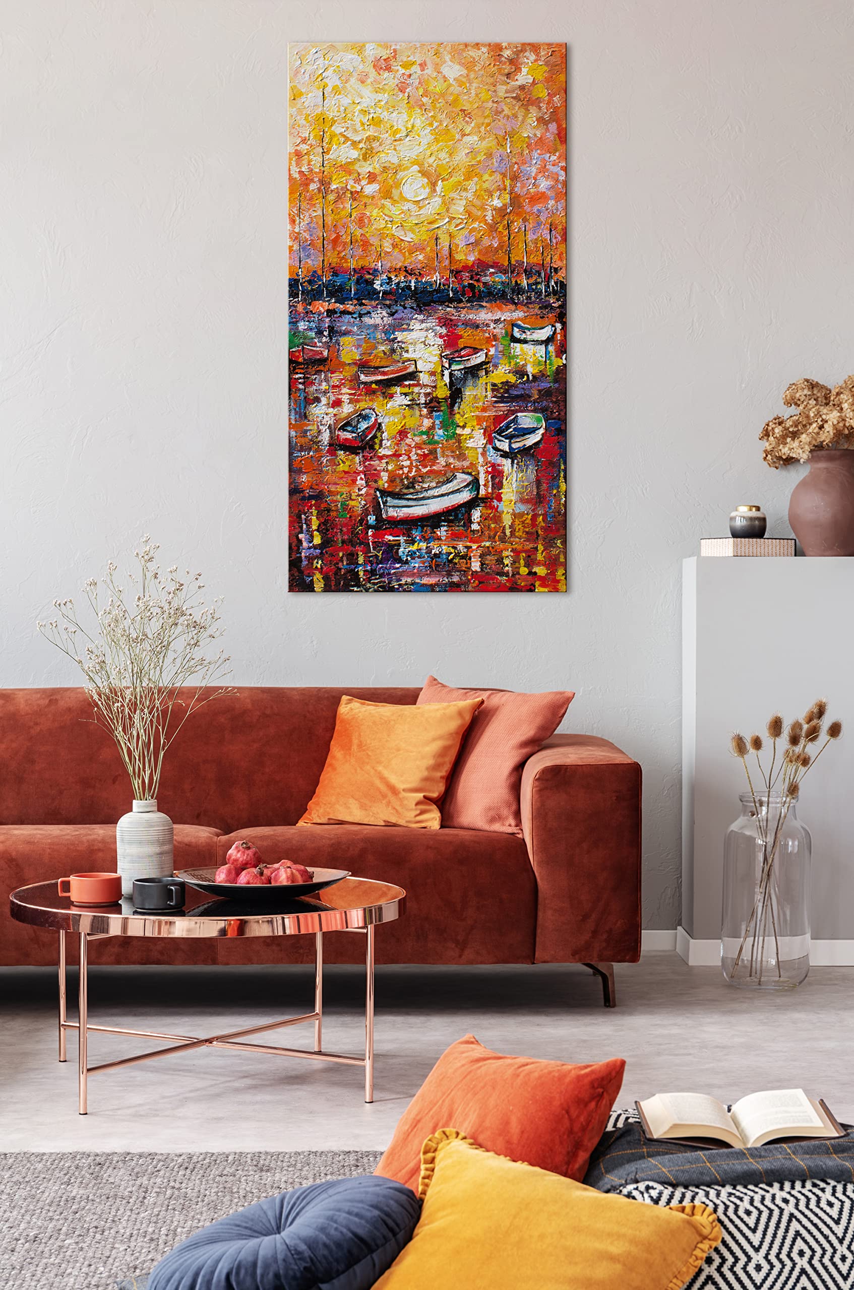 YS-Art XXL Abstrakt Acryl Gemälde auf Leinwand Hafen handgemalt Wandbilder Wohnzimmer modernes Design Bilder Dekoration Boote orange echte Kunstwerk 120x60 cm