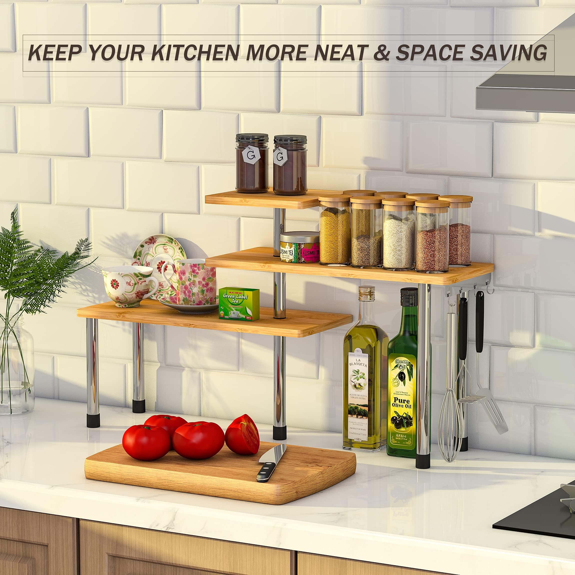 Porta Spezie Per Cucina Portaspezie da appoggio Mensola Angolare cucina Appoggi Corner Spice Rack Organizer in Bambù 3 Ripiani con 4 ganci laterali