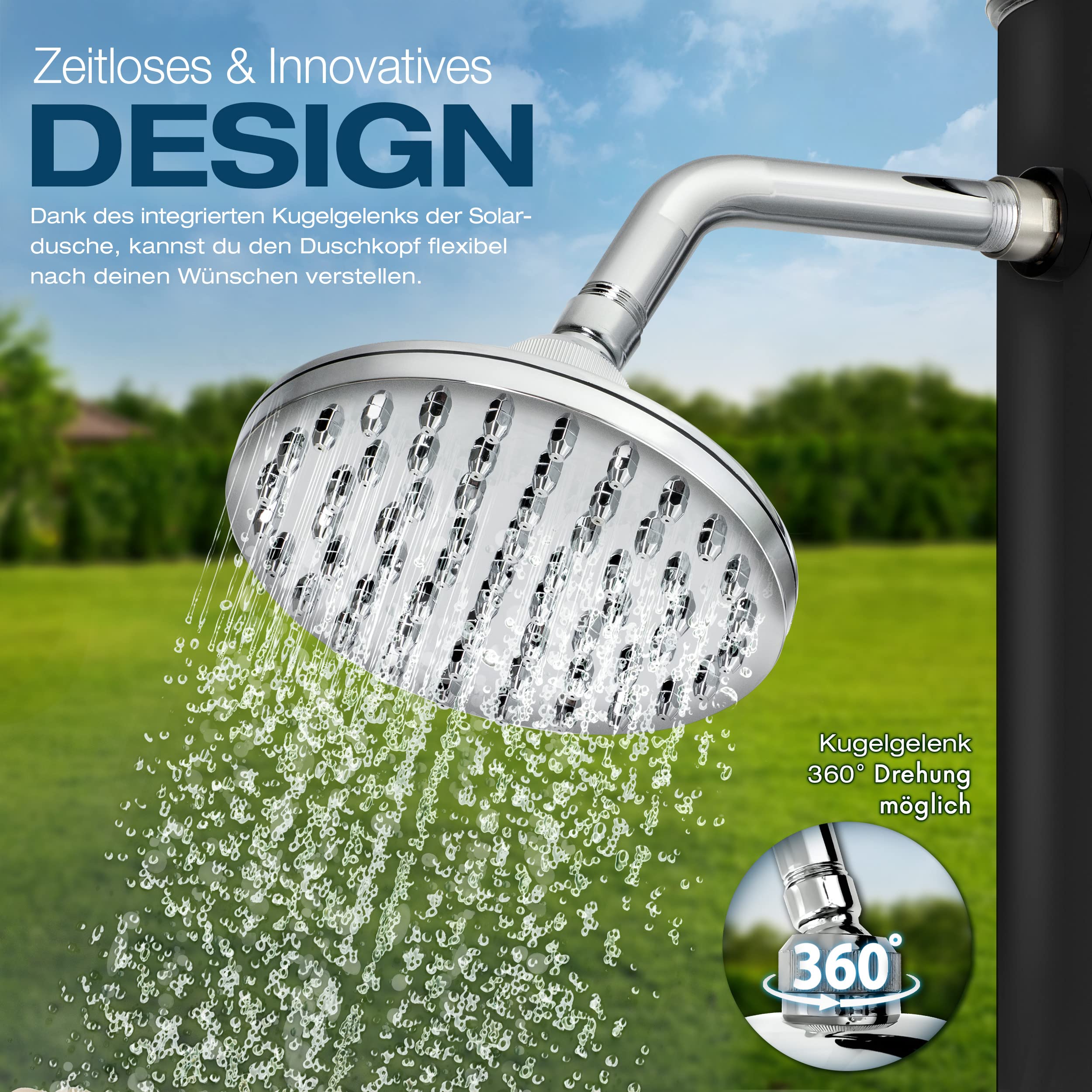 tillvex Solardusche 20 Liter | Solar Garten-dusche warmes Wasser | Pooldusche Camping | ohne Stromanschluss | mit Wasserhahn und Regenduschkopf | Gartenschlauch-Anschluss (Schwarz)