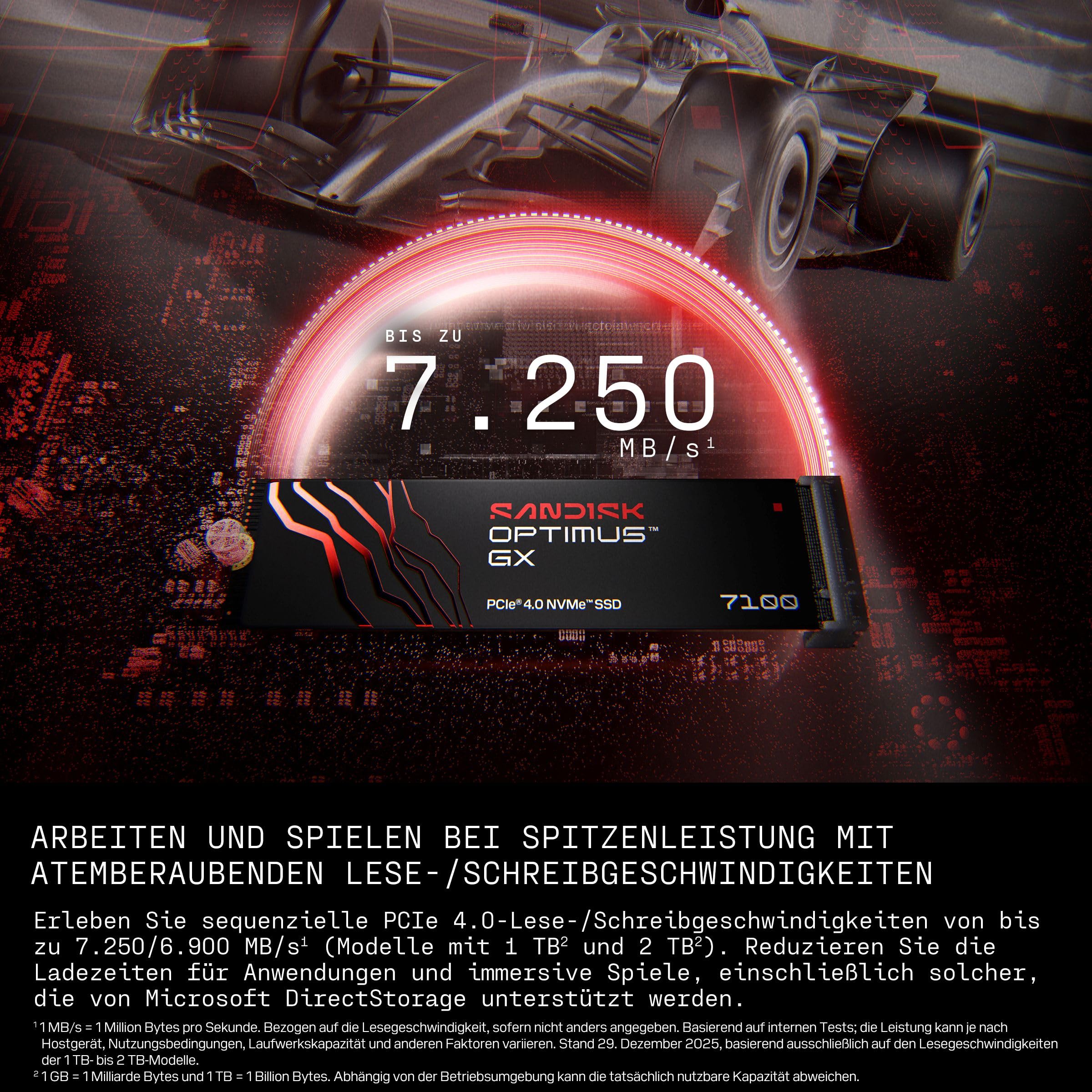 SANDISK Optimus GX 7100 NVMe SSD 500 GB (bis zu 7.250/6.900 MB/s sequentielles Lesen/Schreiben, PCIe 4.0, M.2 2280, BiCS TLC 3D CBA NAND, SANDISK Dashboard)