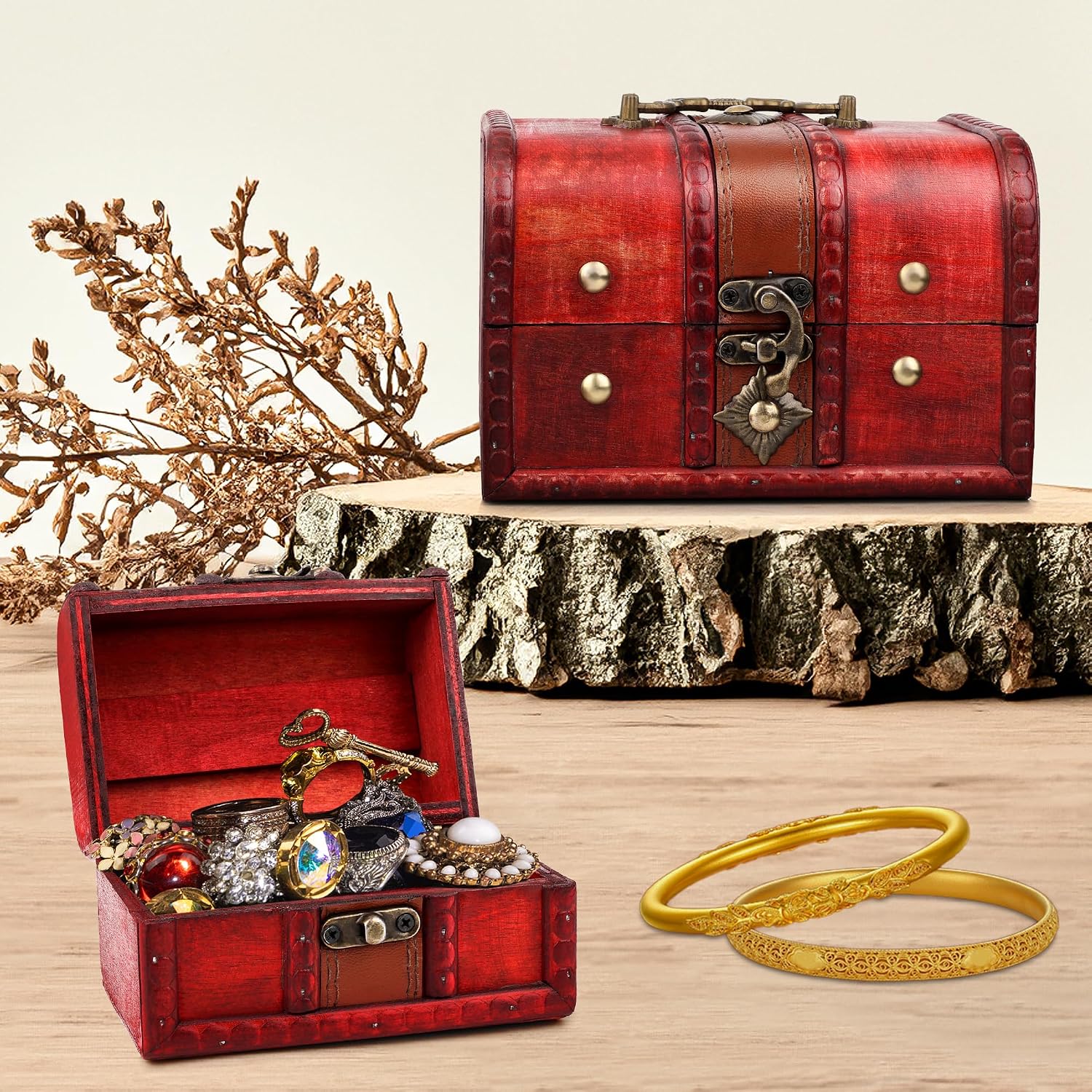 Coolrunner 2pcs Antique Vintage Wooden Box Stamp Flower Small Metal Lock Jewelry Treasure Chest Handmade Retro Wood Organizer Case Box (2 pcs)