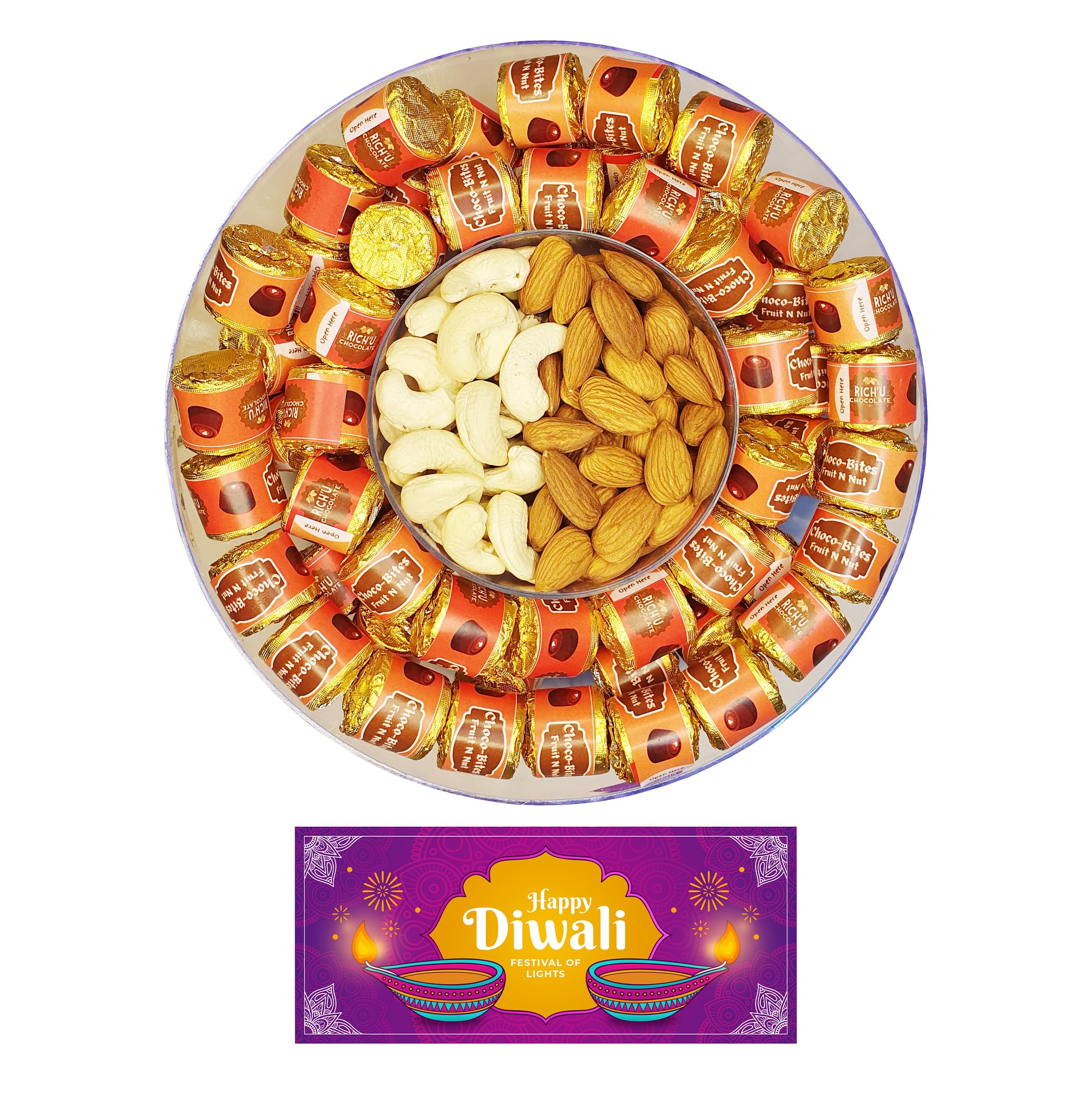 Rich'U Chocolates - Choco-Bites and Dry Fruits (Almond & Cashew) Hamper Gift Box with a Happy Diwali Card