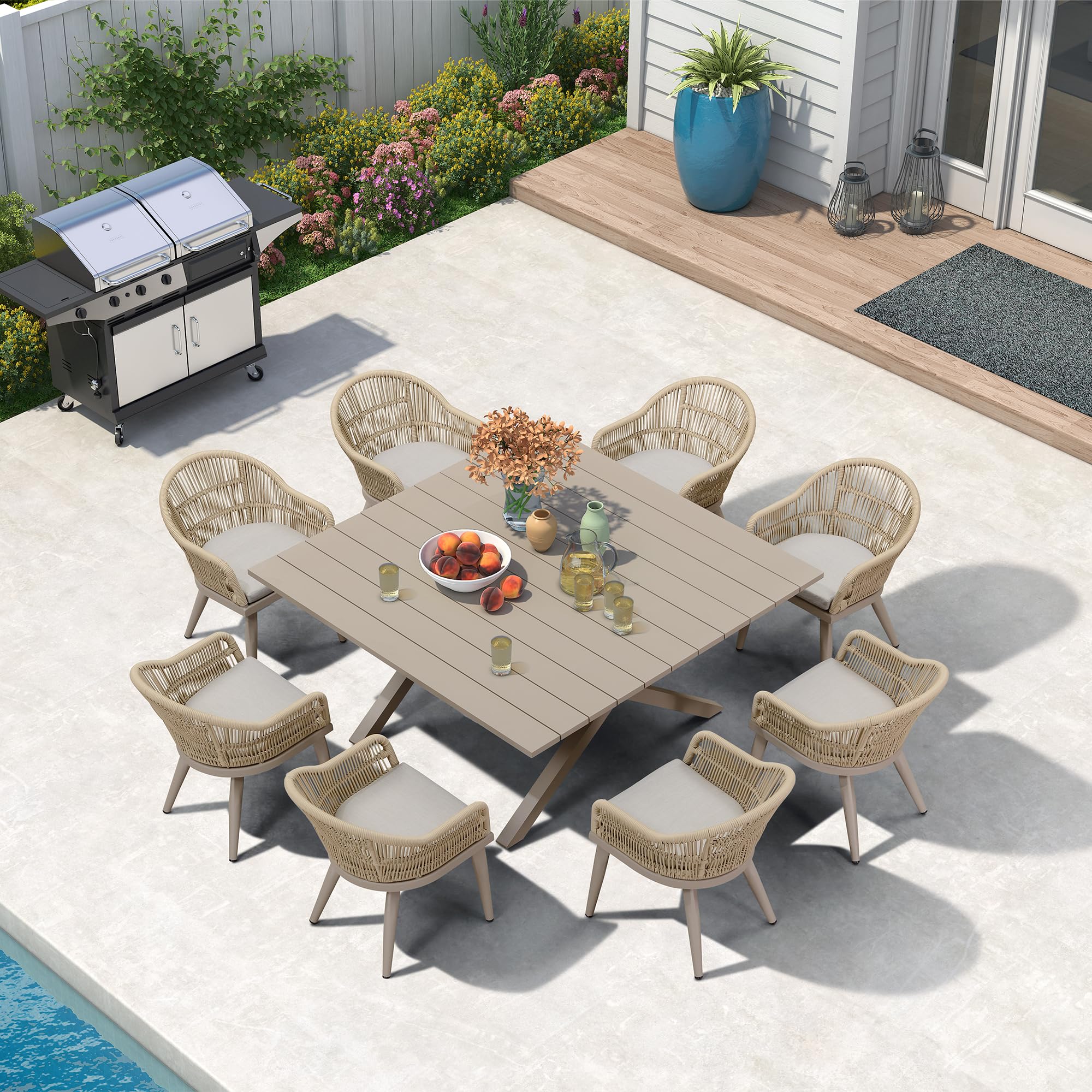 PURPLE LEAF 9 Pieces Patio Dining Set with Cushion Square Table, Champagne