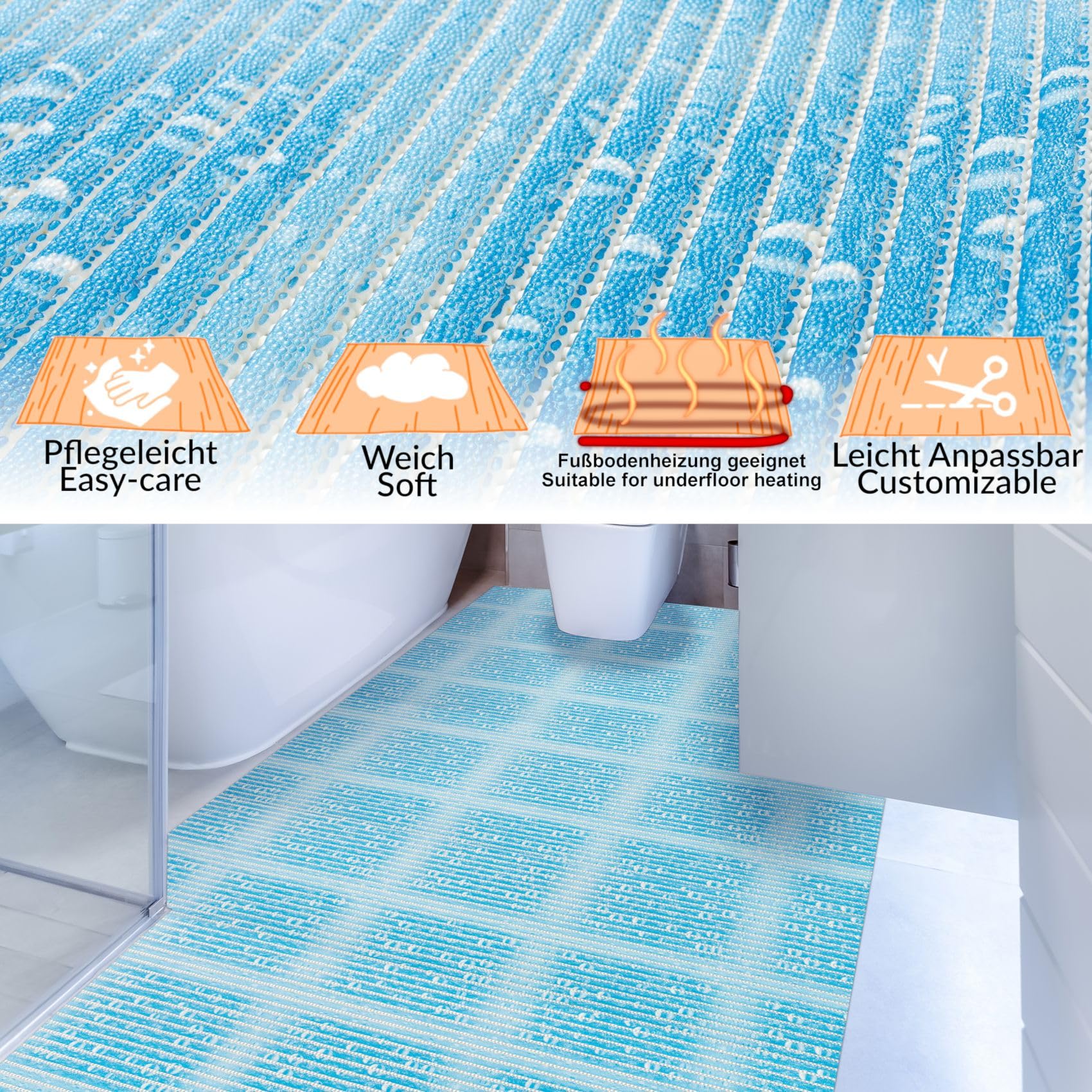 Weichschaummatte Badematte Bad Dusche WC Vorleger Teppich Antirutsch Badläufer Therme Blau 400x130cm