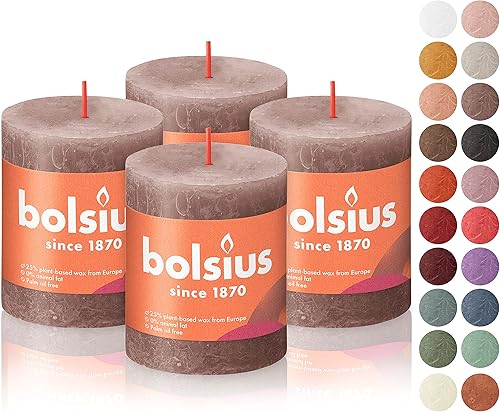BOLSIUS Paquete de 4 velas rústicas de pilar de color gris pardo, 2.75 x 3.25 pulgadas, calidad europea premium, incluye cera natural a base de