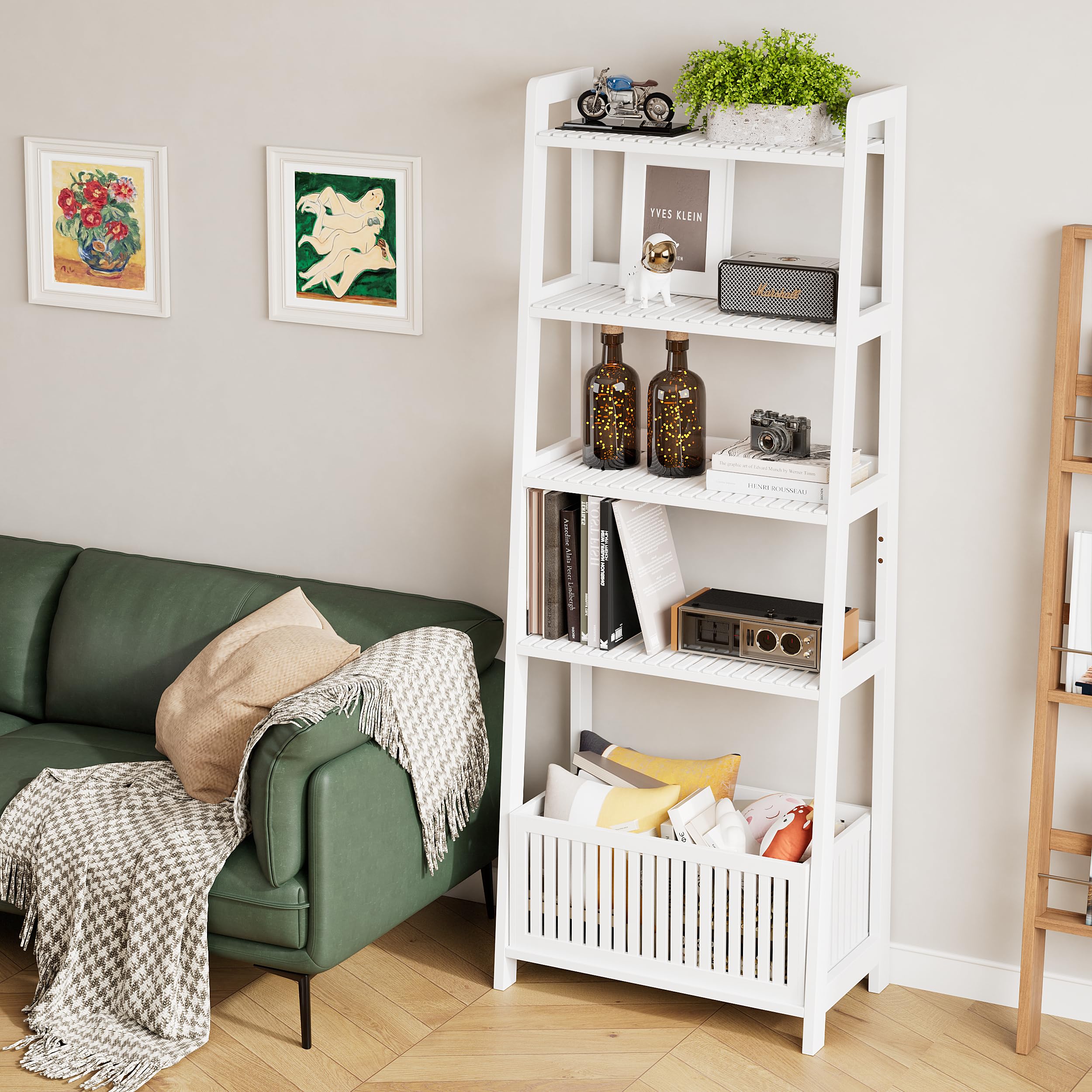 Bamjoy Bamboo White Bookshelf with Slatted Basket, Ladder Bookcase