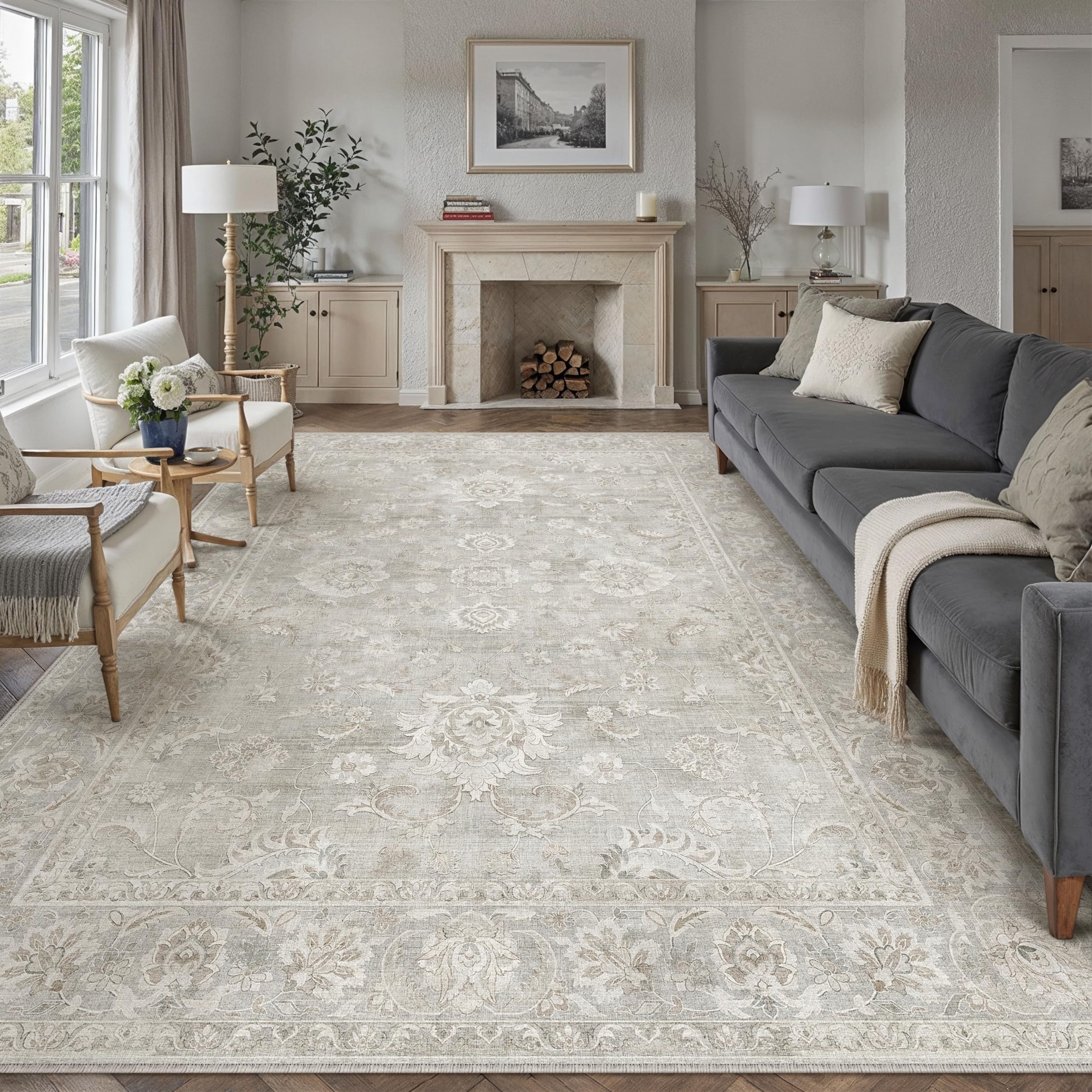 PureCozy Large Living Room Area Rug 300x400cm Vintage Washable Carpet,Grey