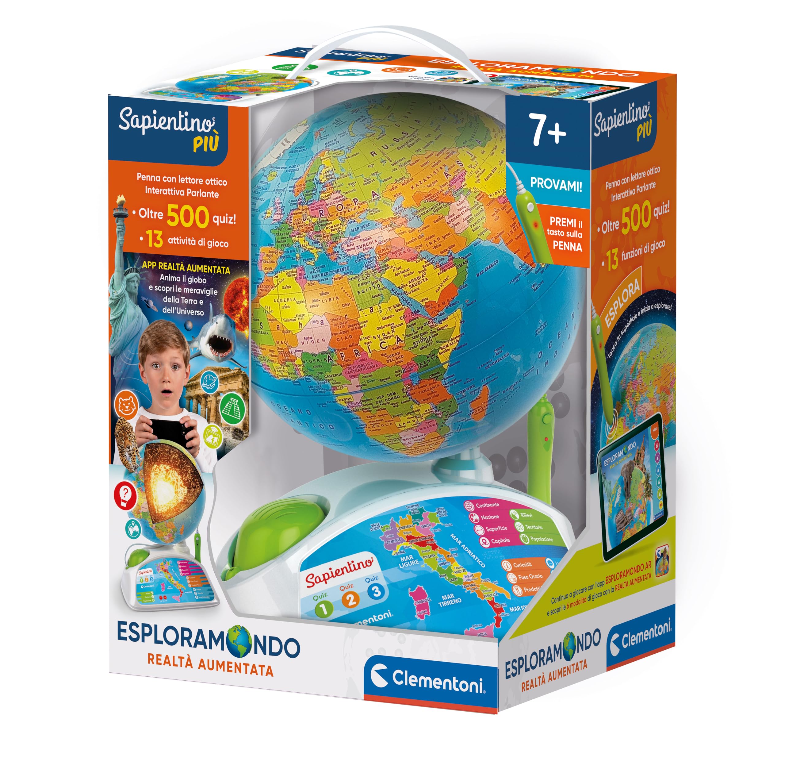 Clementoni - Sapientino Esploramondo Realtà Aumentata, Mappamondo Educativo per Bambini dai 7 Anni in su, Globo Educativo con Penna Interattiva e App Dedicata, Made in Italy, Lingua Italiana, 16032