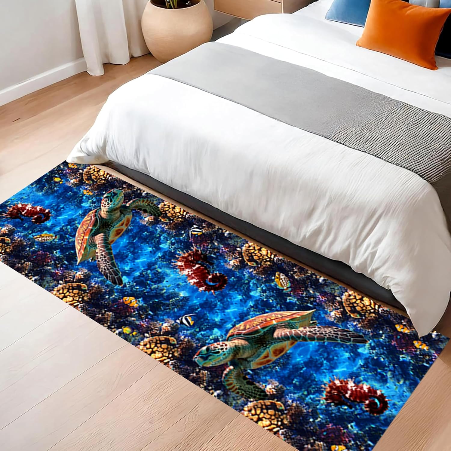 Sea Turtles Coastal Runner Rug for Hallway, 1.3x7ft, Underwater World Seahorse Clownfish Coral 3D Illusion Area Rug, Non-Shed Soft Ocean Decor Carpet for Bedroom Entryway Foyer