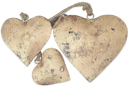 HIGHBIX Metal Handmade Rustic Heart Shape Set of 3 Rustic Vintage Lucky Hearts On Rope with Jute Bag Wall Hanging D cor
