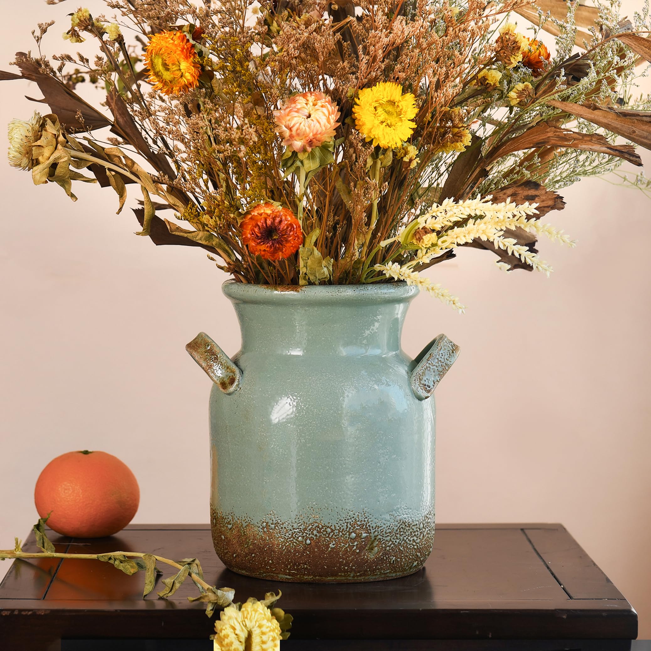 Quoowiit Ceramic Rustic Farmhouse Vase Distressed Decorative Flower Vases for Home Decor Ideal Shelf Decor Green Boho Vase