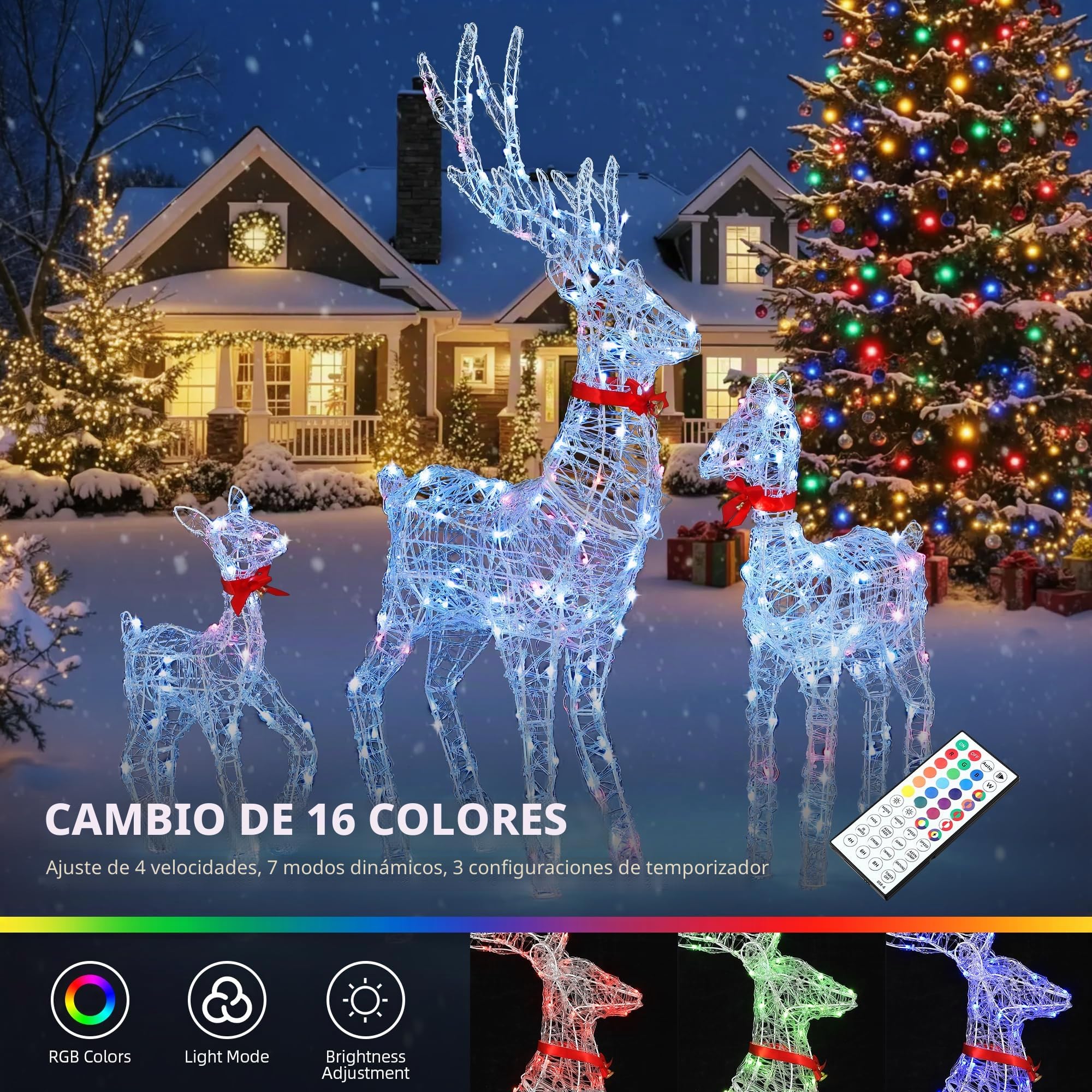 YITAHOME Familia de Renos LED de 3 Piezas, decoración navideña iluminada con Mando a Distancia, 210 LED con 89 Modos, Cuernos Desmontables y Parte del Cuello, iluminación navideña para Interior y