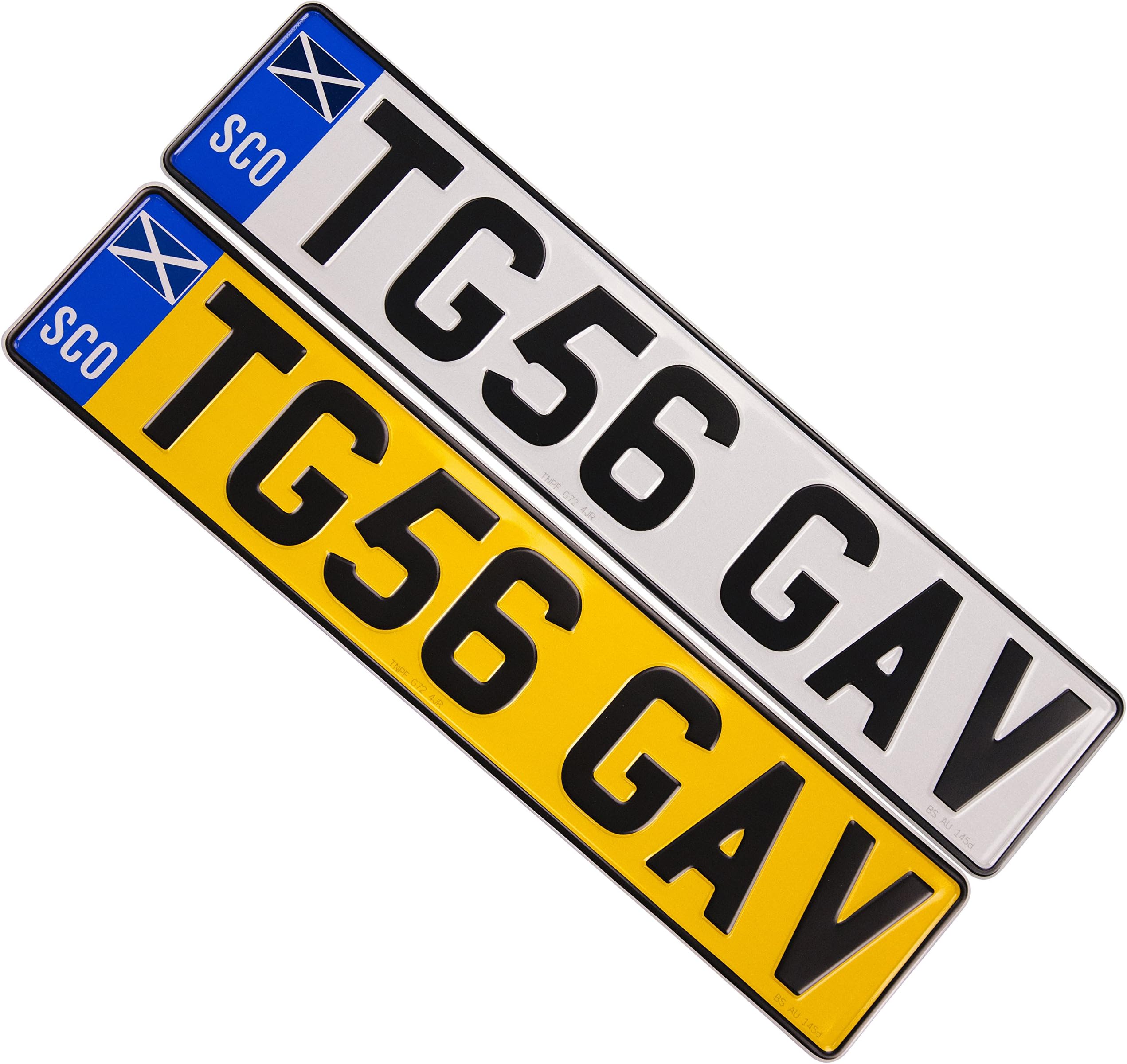 Set of Road Legal Reflective Pressed Metal Car Number / Registration Plates, Pressed Embossed Aluminium with Black 3D Font And Scotland Flag
