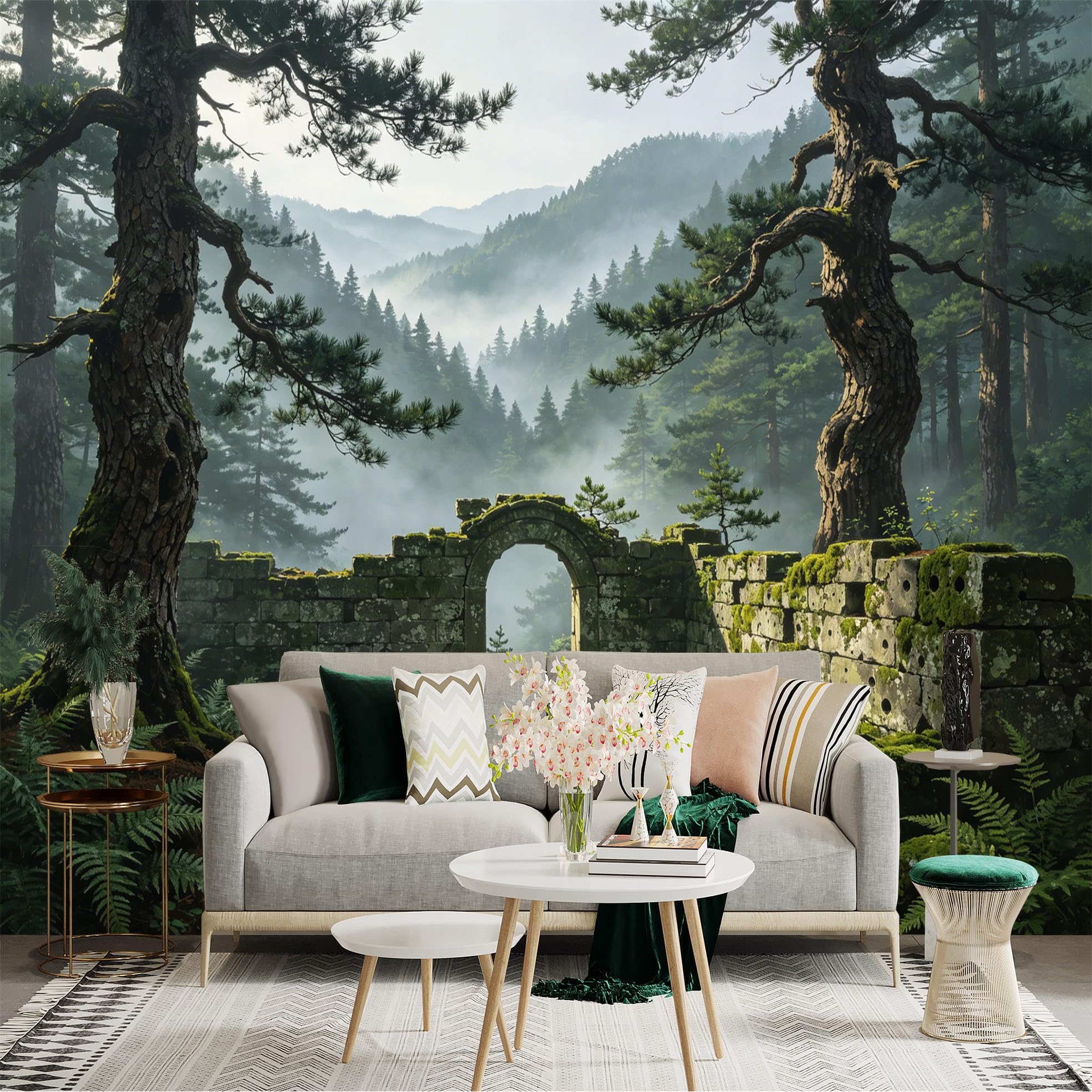 Custom Size Wall Sticker Mural， Ancient Stone Archway in Misty Forest with Pine Trees， for wall Decoration， peelandstick wall Decals.