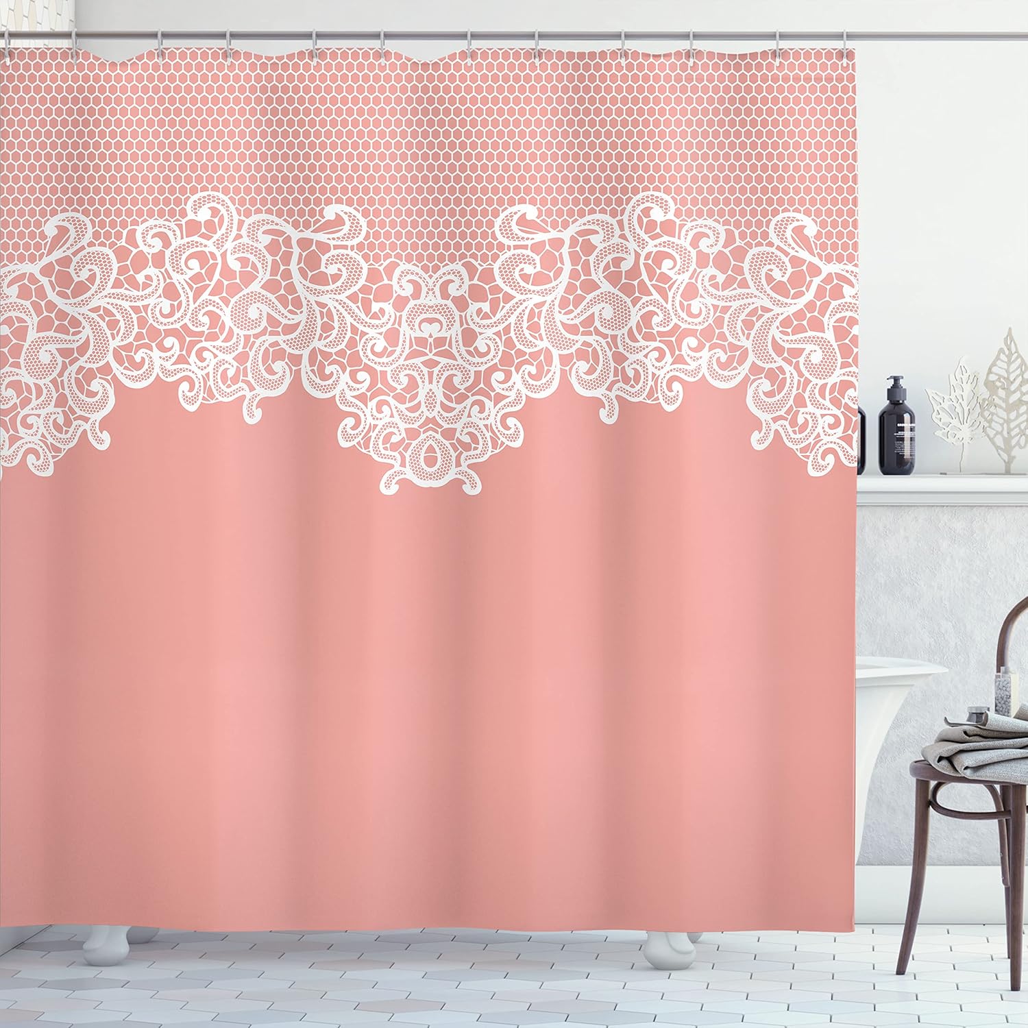 Ambesonne Peach Shower Curtain, Abstract Lace Design