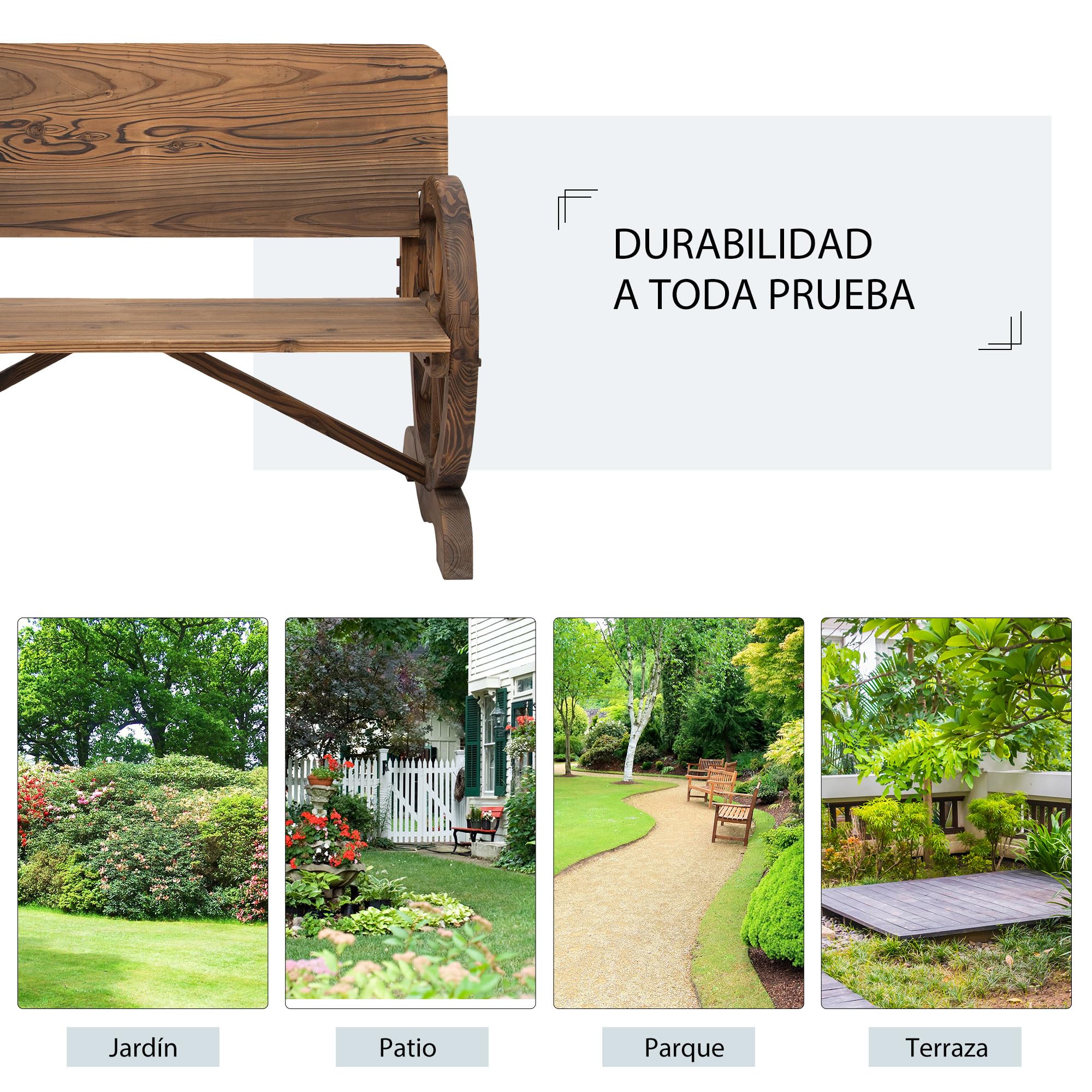 Outsunny Banco de Jardín de Madera Banco de Exterior con Reposabrazos y 2 Ruedas Decorativas Estilo Rústico Carga 250 kg para Patio Terraza 114x58x80 cm Carbonizado